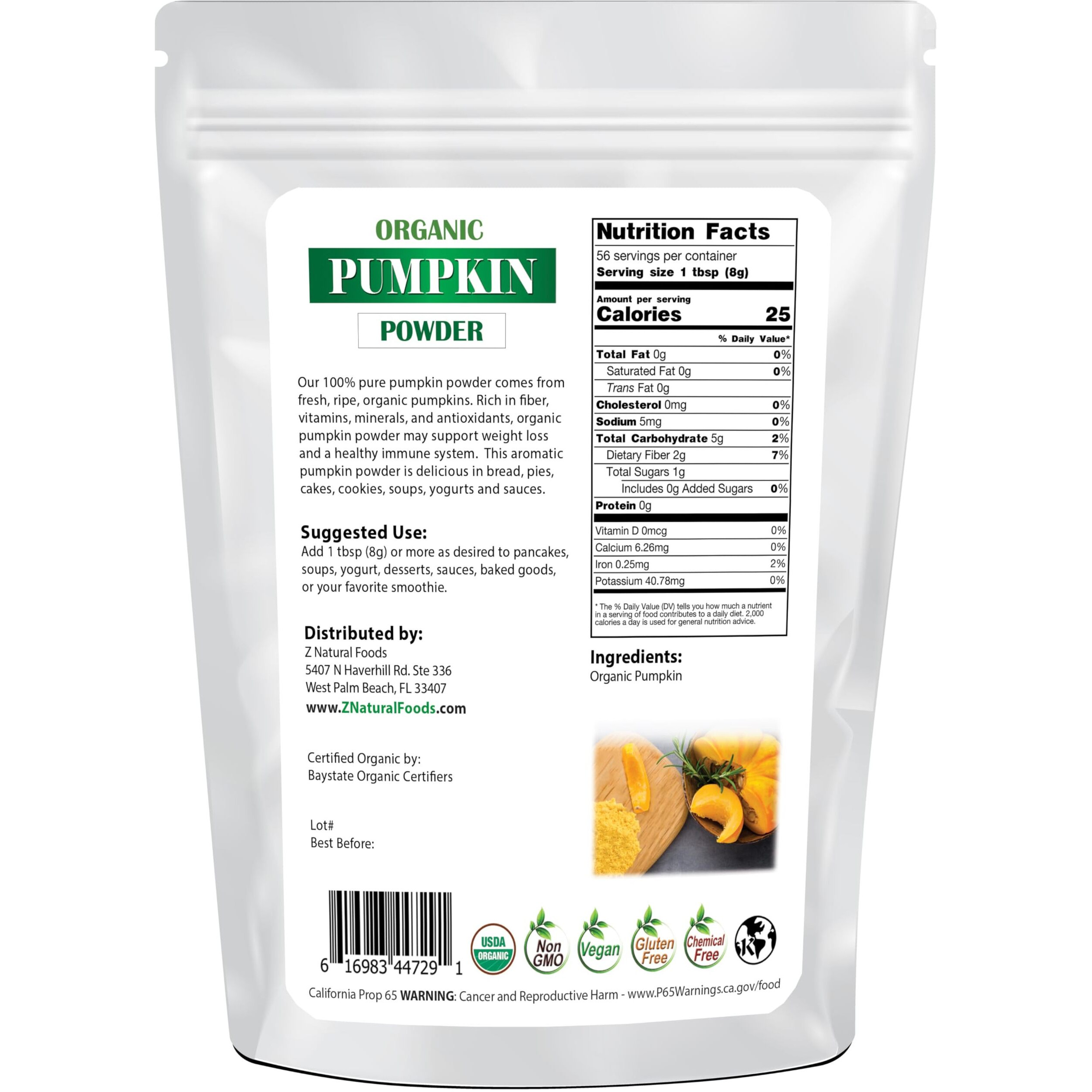 Z Natural Foods Organic Pumpkin Powder - Pure Powdered Pumpkin For Delicious Pumpkin Spice Latte, Baking, Smoothies, Juice, Puree - Dried Sweet Vegan Pumpkin Powder, Gluten Free, Kosher, 1 Lb