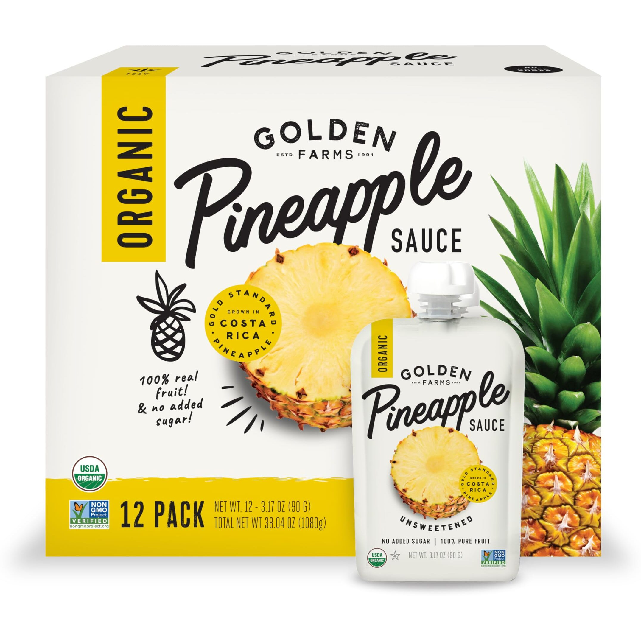 Golden Farms Pineapple Pouches, Single Ingredient Healthy Snacks (Pack Of 12), 100% Pure Fruit, No Added Sugar, Vegan, Gluten-Free, Kosher, Organic Squeeze Pouch 3.17Oz Each