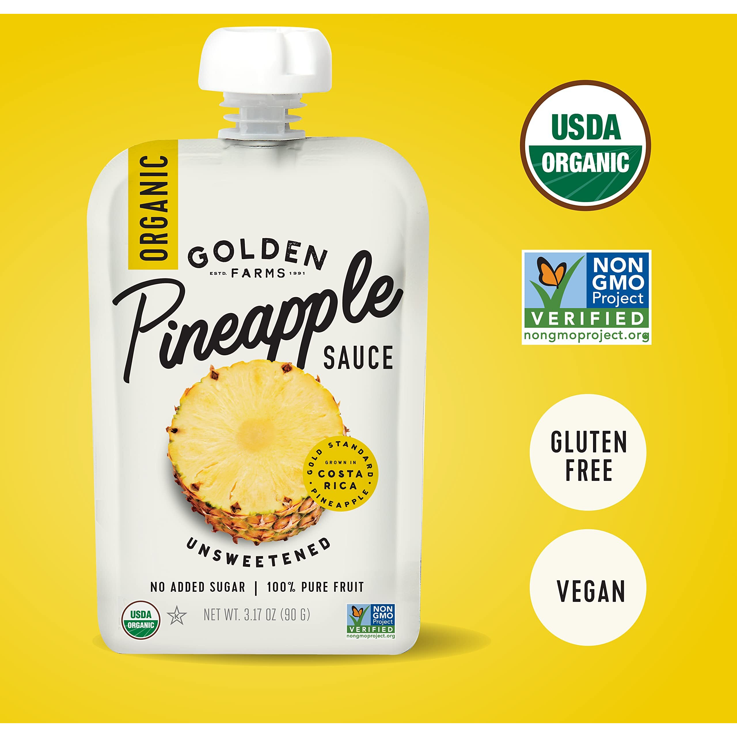 Golden Farms Pineapple Pouches, Single Ingredient Healthy Snacks (Pack Of 12), 100% Pure Fruit, No Added Sugar, Vegan, Gluten-Free, Kosher, Organic Squeeze Pouch 3.17Oz Each