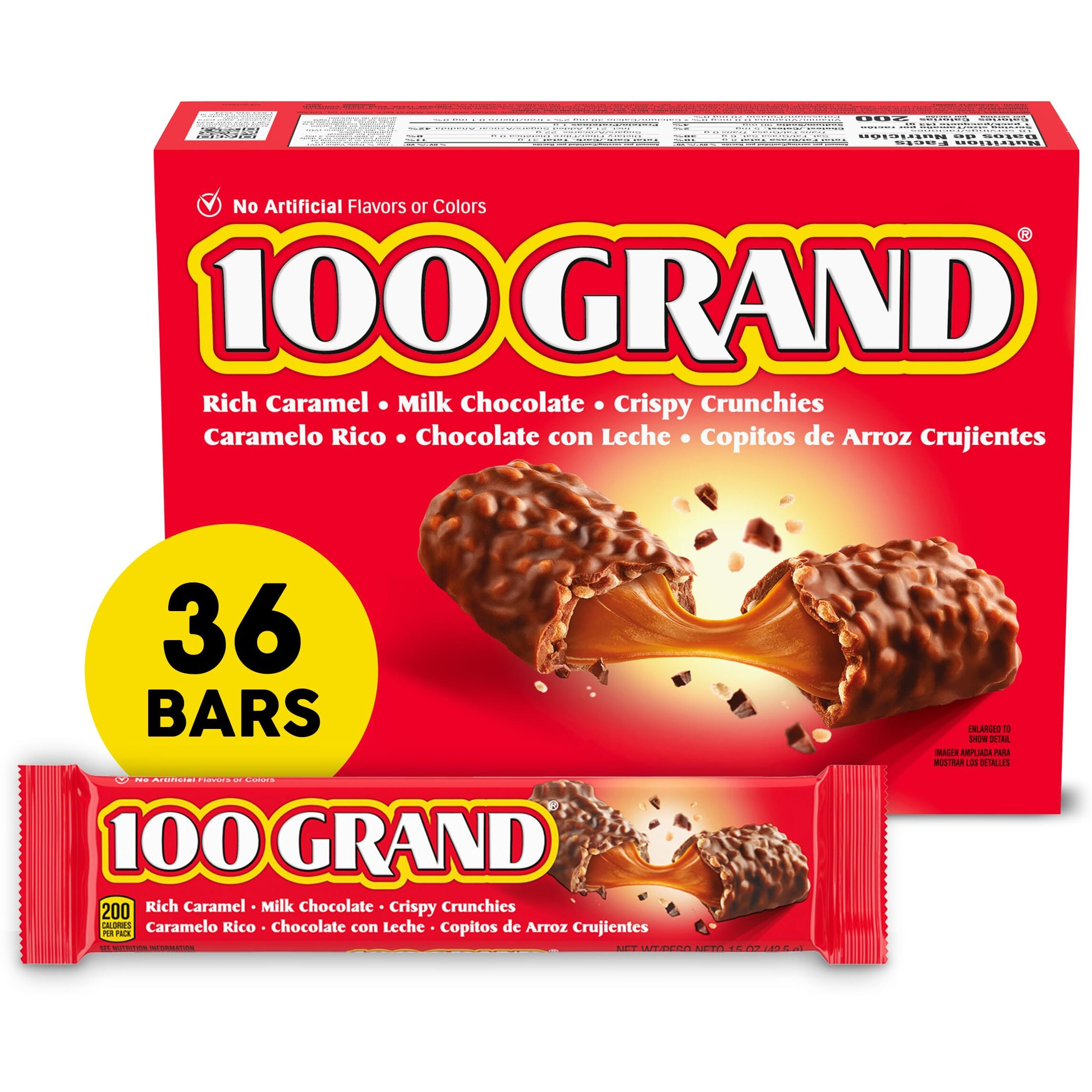 100 Grand Crispy Milk Chocolate With Caramel, Full Size Individually Wrapped Candy Bars, 1.5 Oz Each, Bulk 36 Count Box