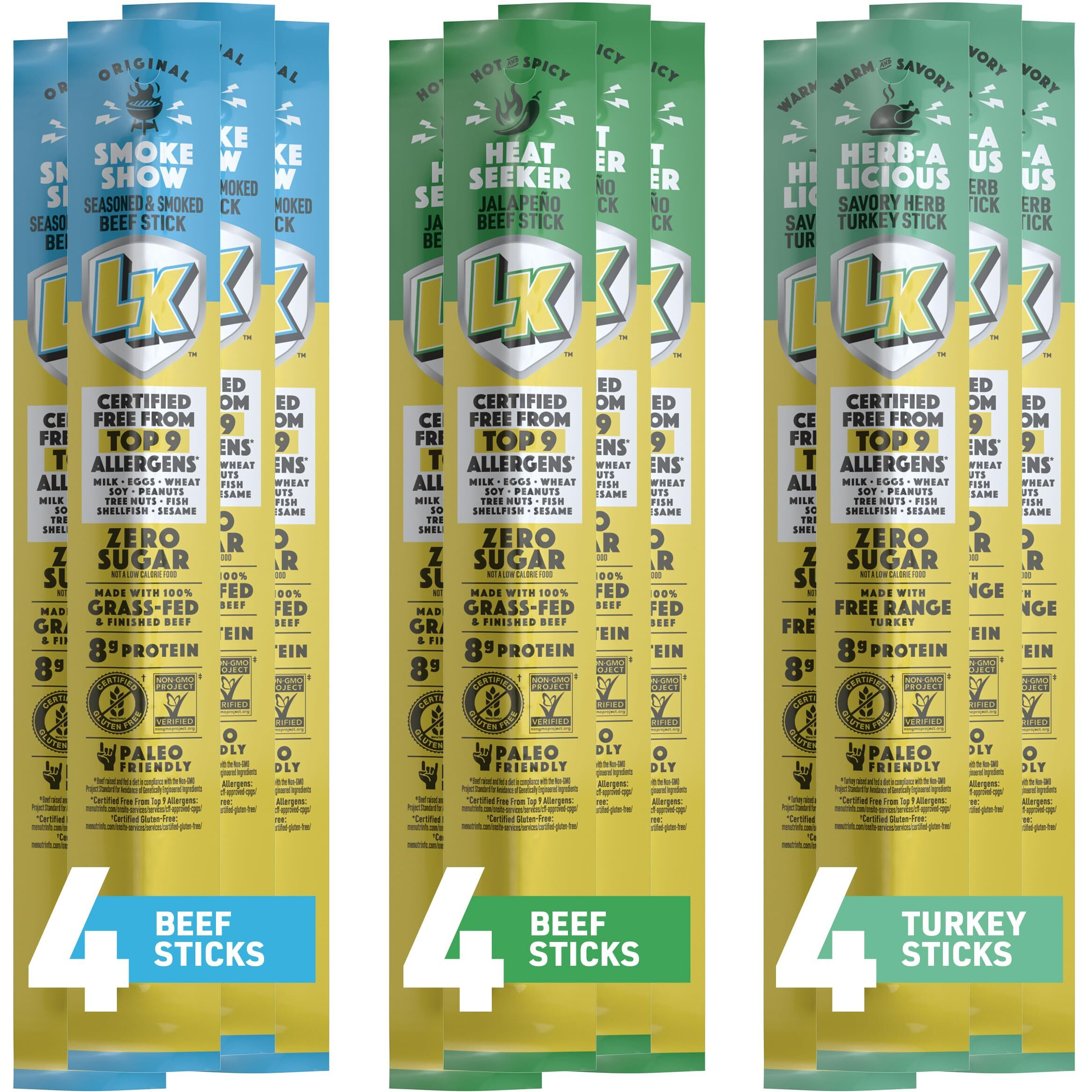 Lorissa's Kitchen Premium Grass-Fed & Finished Beef & Free Range Turkey Jerky Snack Sticks 12-Pack 8G Protein, Certified Free From Top 9 Allergens, Gluten-Free, Non-Gmo, Zero Sugar, Keto, Paleo