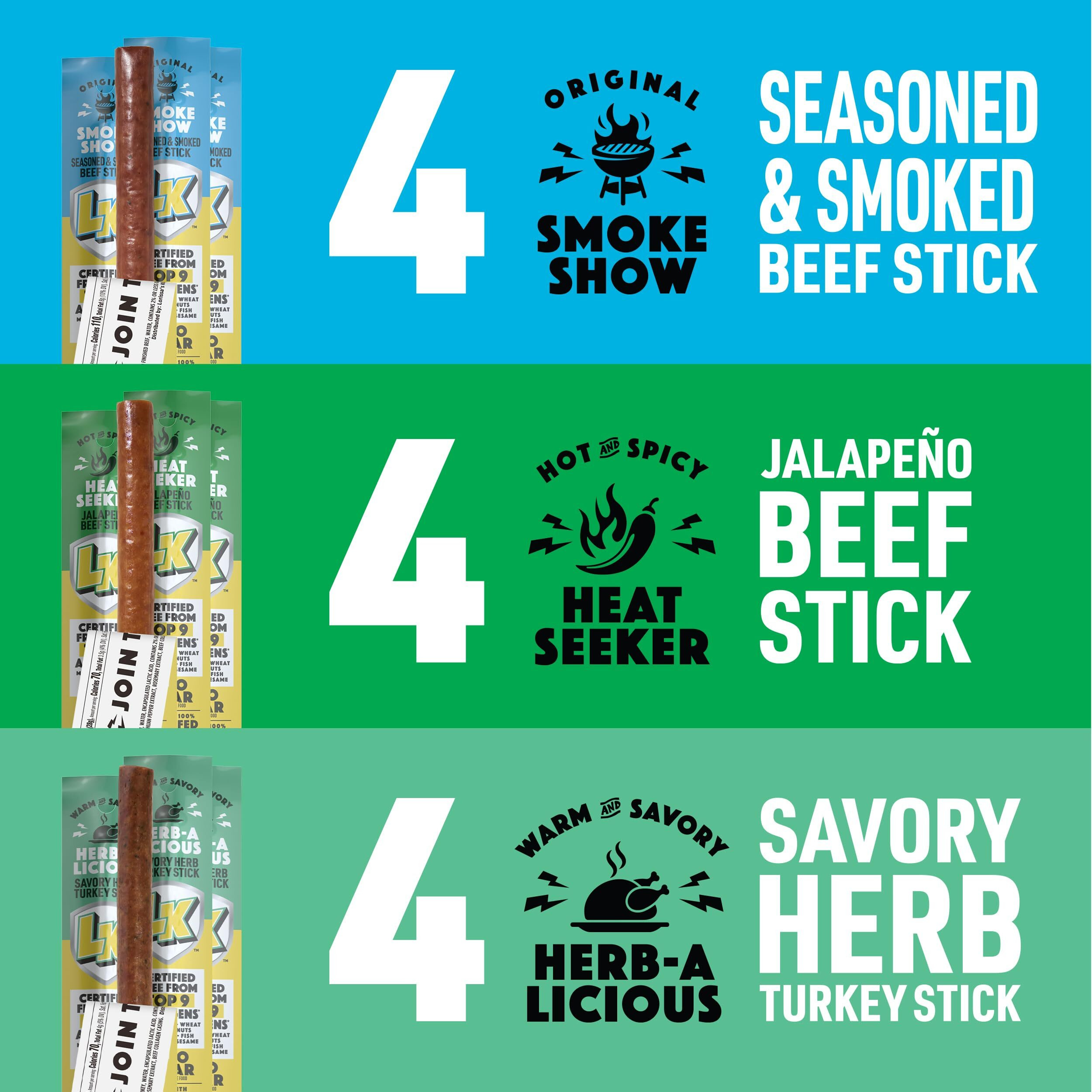 Lorissa's Kitchen Premium Grass-Fed & Finished Beef & Free Range Turkey Jerky Snack Sticks 12-Pack 8G Protein, Certified Free From Top 9 Allergens, Gluten-Free, Non-Gmo, Zero Sugar, Keto, Paleo