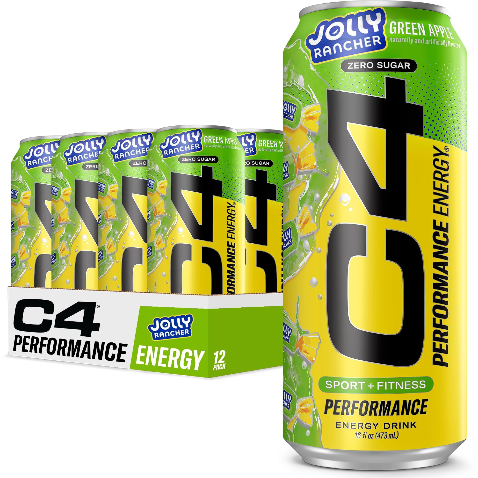 C4 Performance Energy Drink | Jolly Rancher Green Apple | Zero Sugar Carbonated Preworkout Energy | 200Mg Caffeine With Beta Alanine | 16 Fl Oz (12 Pack)