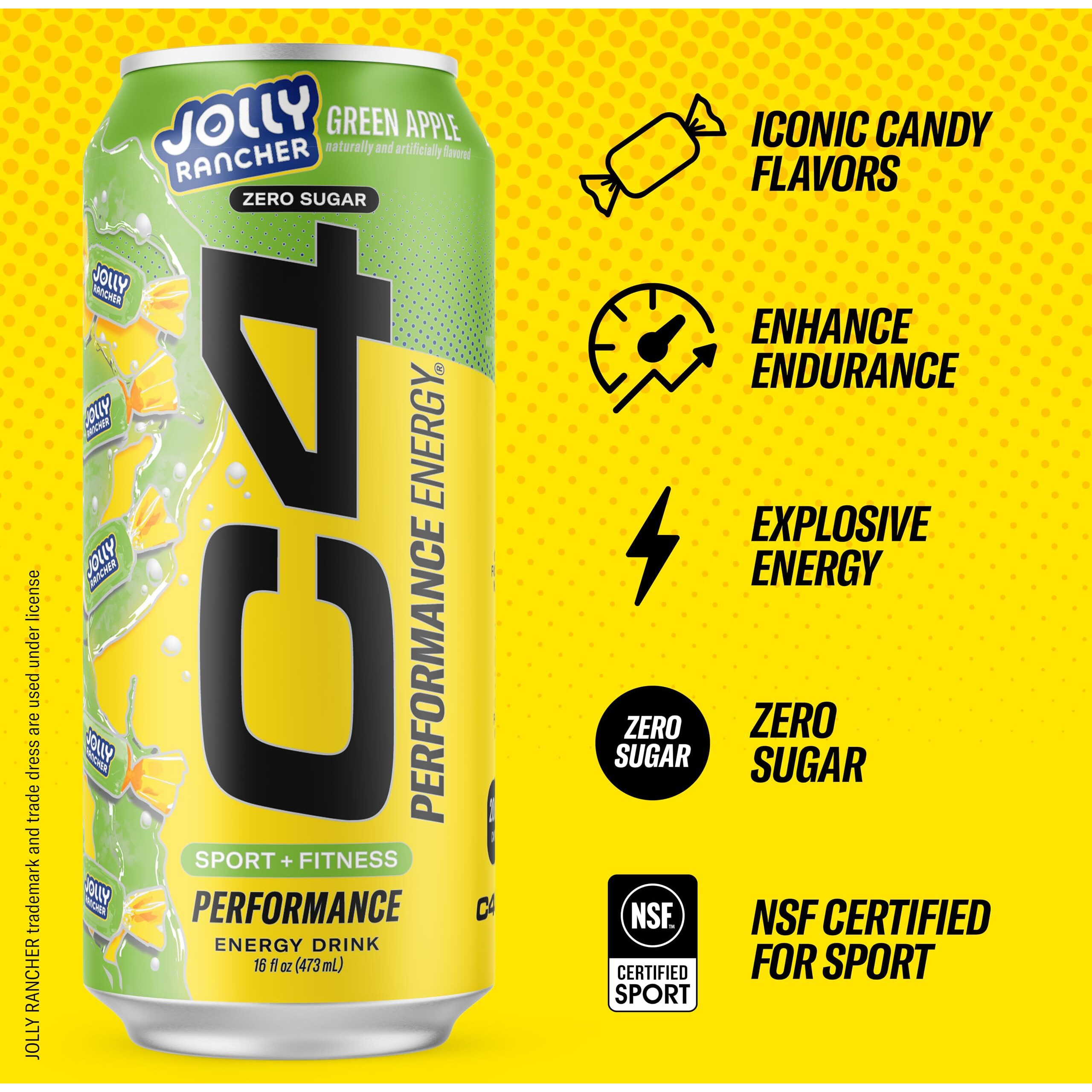 C4 Performance Energy Drink | Jolly Rancher Green Apple | Zero Sugar Carbonated Preworkout Energy | 200Mg Caffeine With Beta Alanine | 16 Fl Oz (12 Pack)