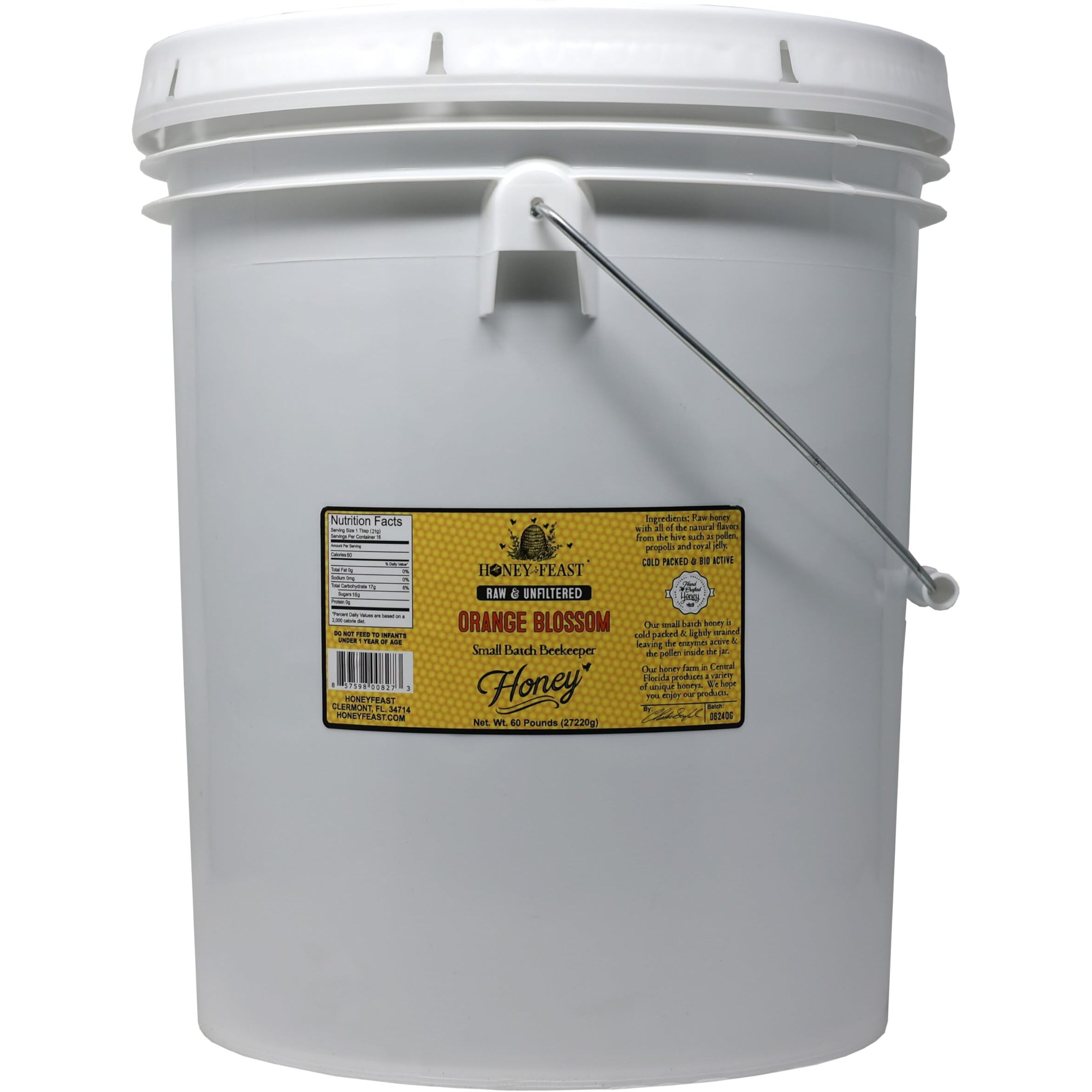 Honey Feast Raw Orange Blossom Honey - 5 Gallons (60 Pounds) Bulk Honey, All Natural, Unfiltered, Unheated Honey From Oranges, Perfect For Large-Scale Sweetening & Baking
