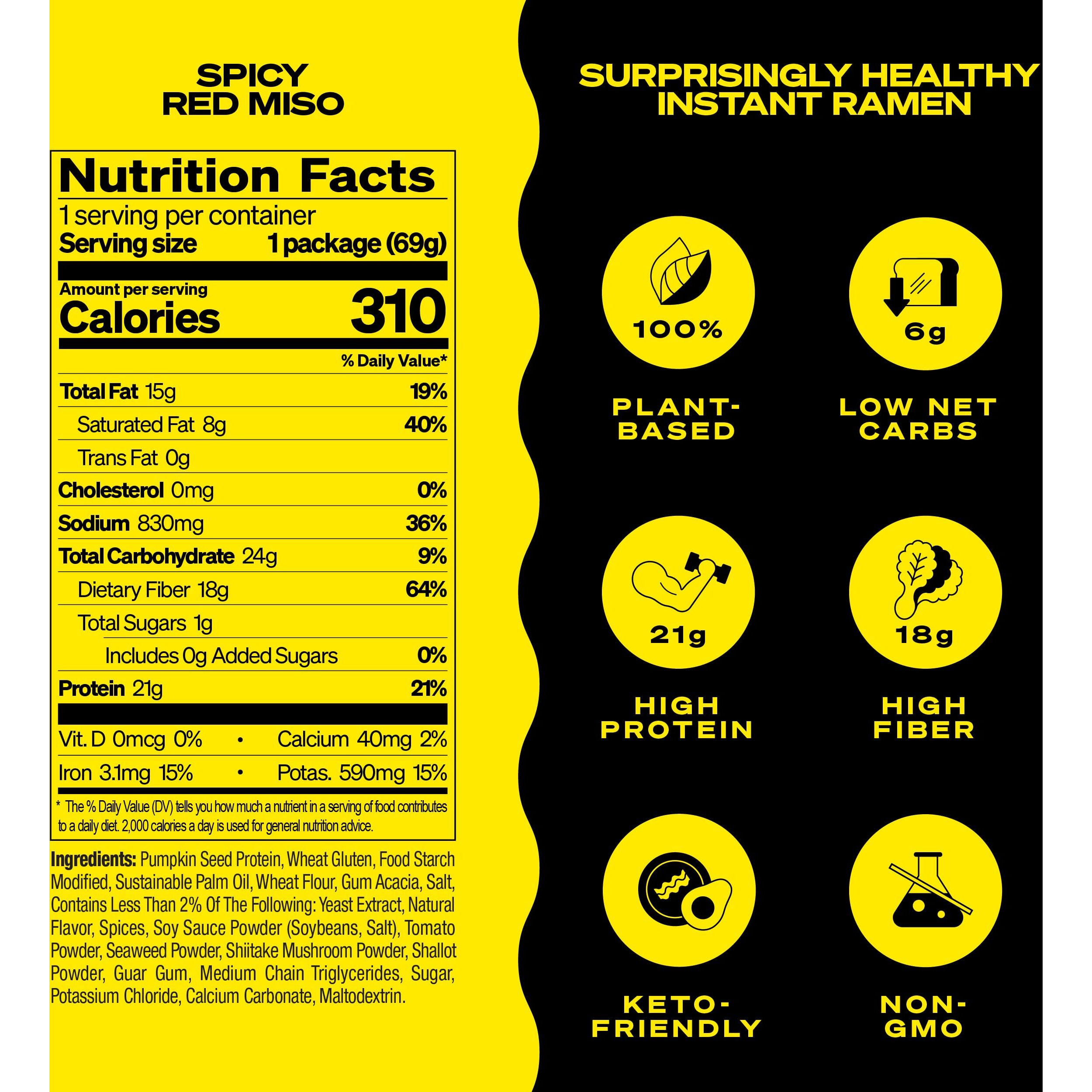 Immi Spicy Red Miso Ramen, 100% Plant Based, Keto Friendly, Low Carb, High Protein, Packaged Noodle Meal Kit, Ready To Eat, 6 Pack