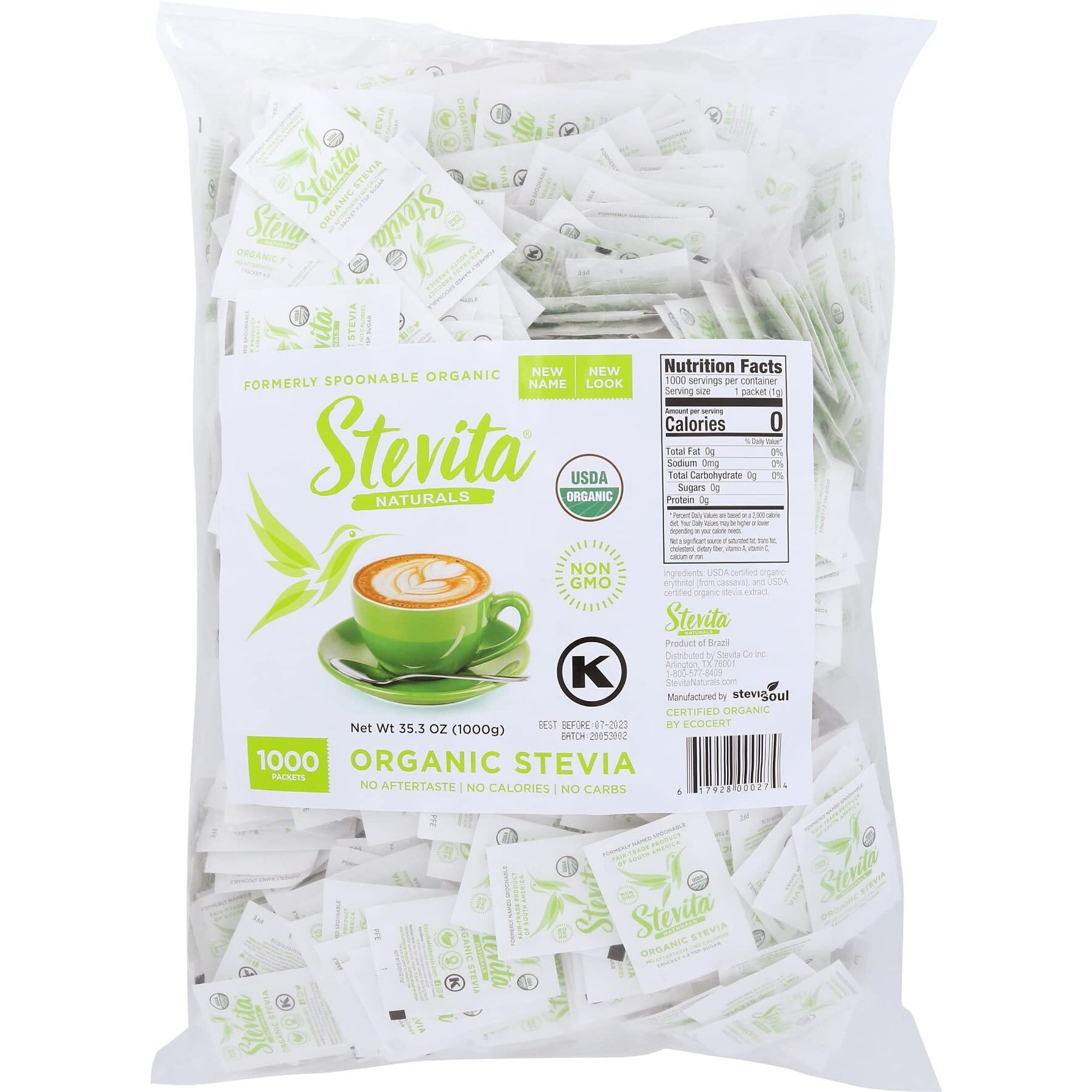 Stevita Organic Stevia - 1000 Packets - Stevia & Erythritol All-Natural Sweetener, No Calories - Usda Organic, Non-Gmo, Vegan, Keto, Paleo, Gluten Free - 1000 Servings
