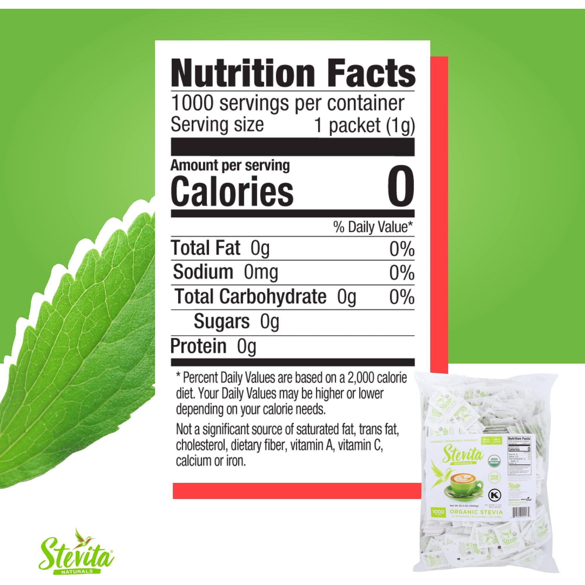 Stevita Organic Stevia - 1000 Packets - Stevia & Erythritol All-Natural Sweetener, No Calories - Usda Organic, Non-Gmo, Vegan, Keto, Paleo, Gluten Free - 1000 Servings