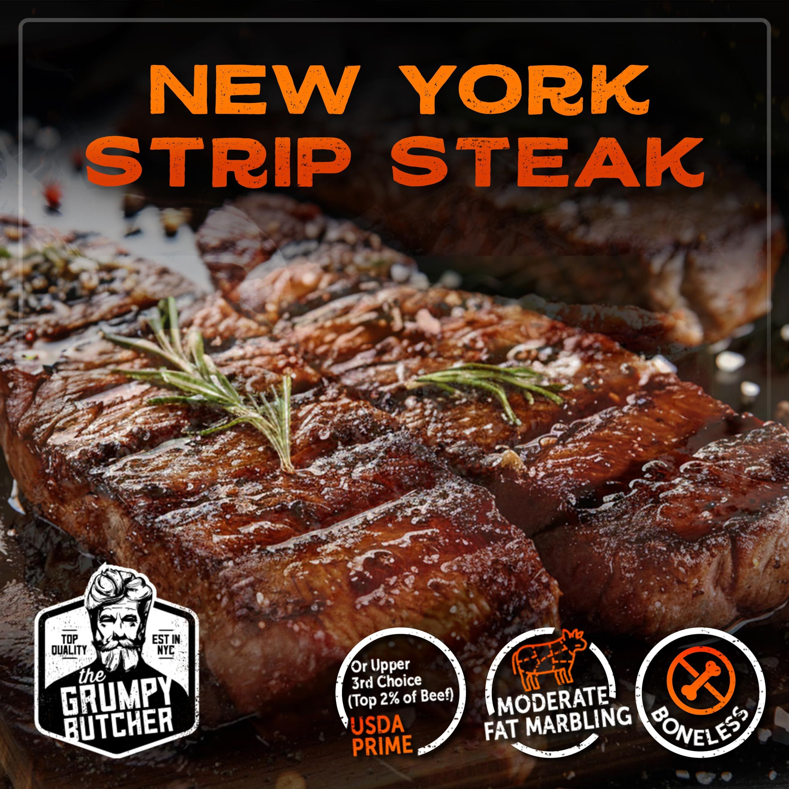 Grumpy Butcher New York Strip Steak, 8 Pack (10 Oz Each) - Prime Steak House Quality Ny Strip Steak Meat - With Steaks Gift Packages Specials Option