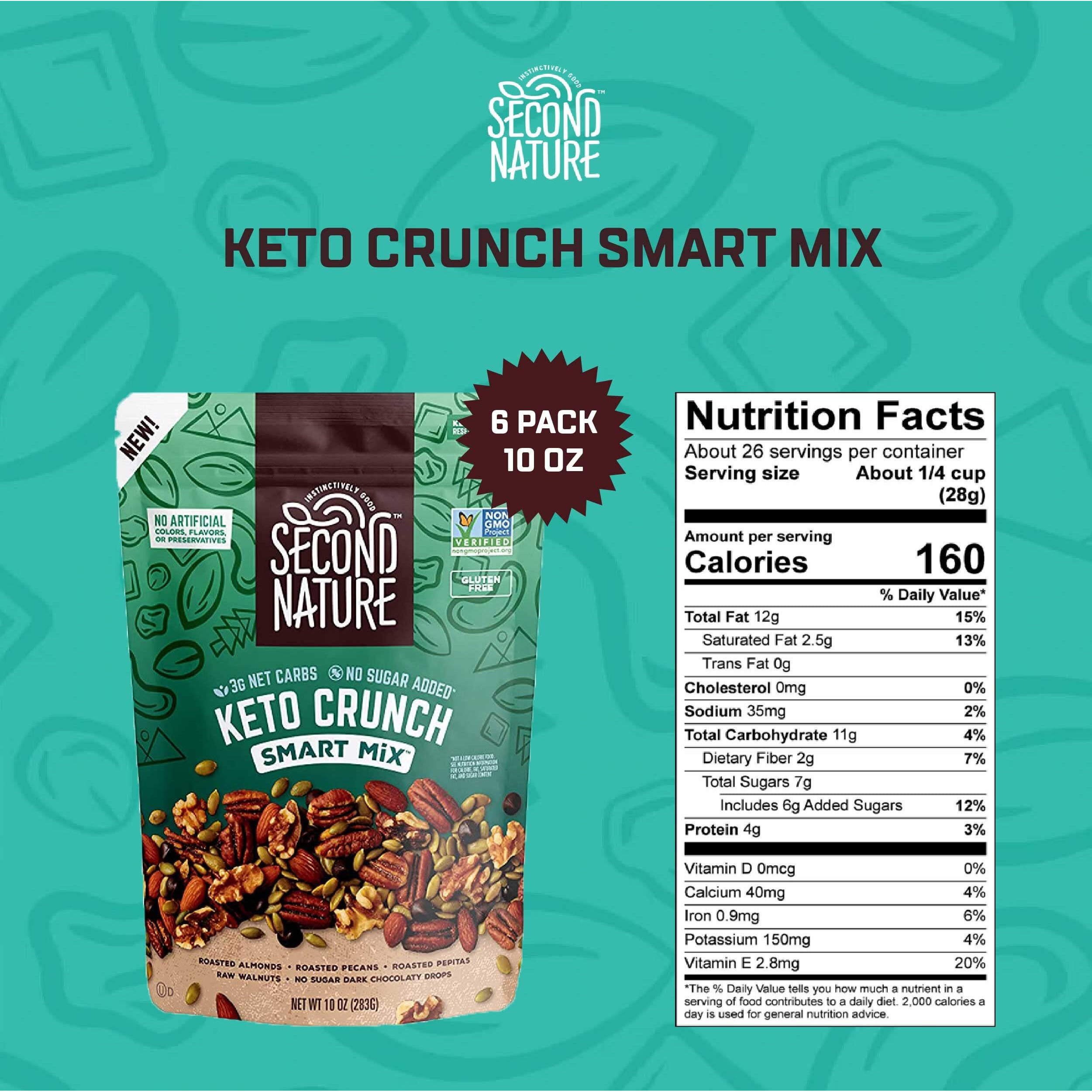 Second Nature Keto Crunch Smart Snack Mix, 10 Oz Individual Snack Packs (Pack Of 6) - Certified Keto Gluten Free Snack - No Sugar Added Dark Chocolate And Nut Trail Mix, Ideal For Travel Snacks
