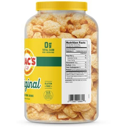 Mac's Pork Rinds, Fried Pork Skins, Original, 7.5 Ounce Canister - Zero Carbs, Keto Friendly Snack, Gluten Free