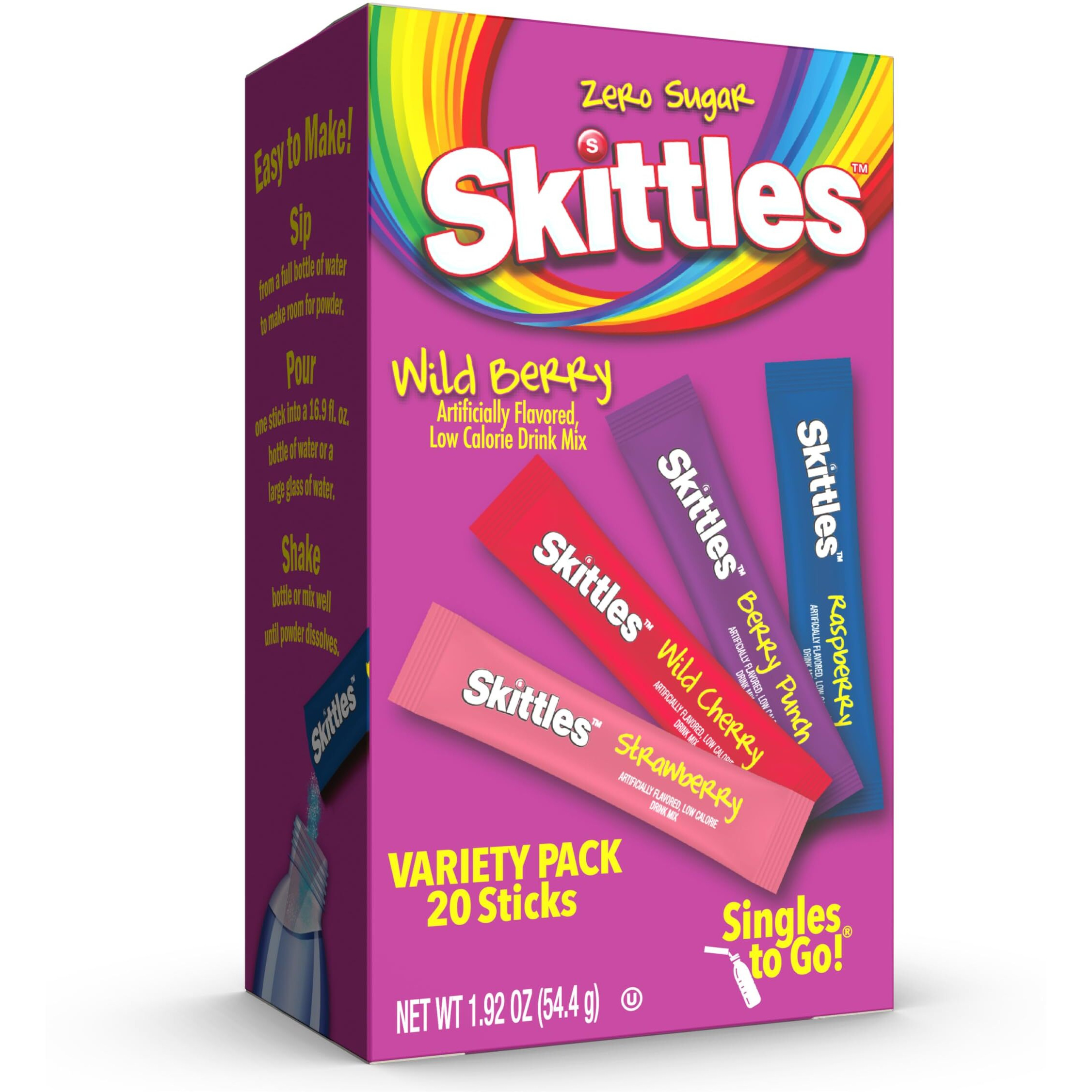 Skittles Singles To Go Variety Pack, Watertok Powdered Drink Mix, Zero Sugar, Low Calorie, Includes 4 Flavors, 1 Box (20 Single Servings) (Wild Berry)