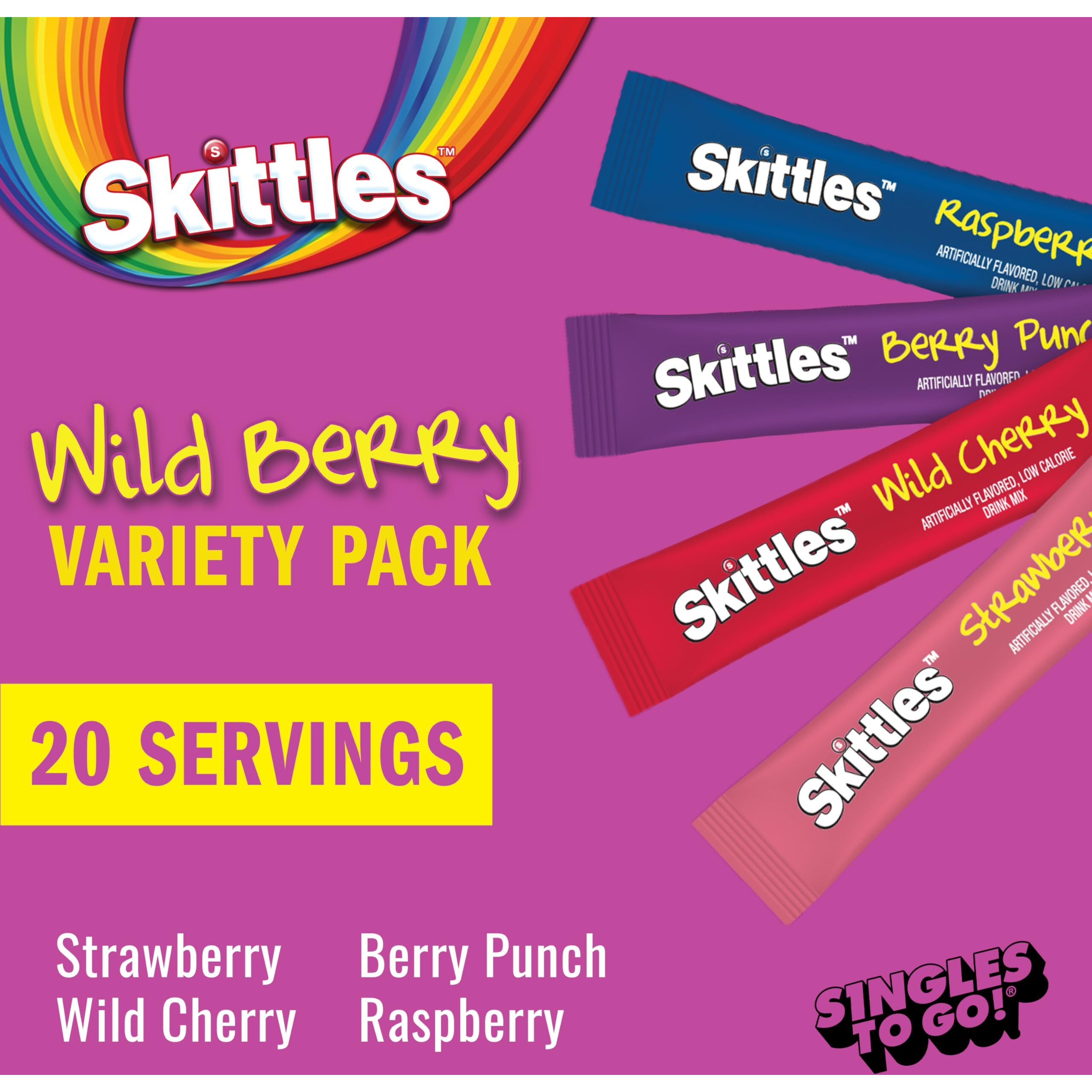 Skittles Singles To Go Variety Pack, Watertok Powdered Drink Mix, Zero Sugar, Low Calorie, Includes 4 Flavors, 1 Box (20 Single Servings) (Wild Berry)