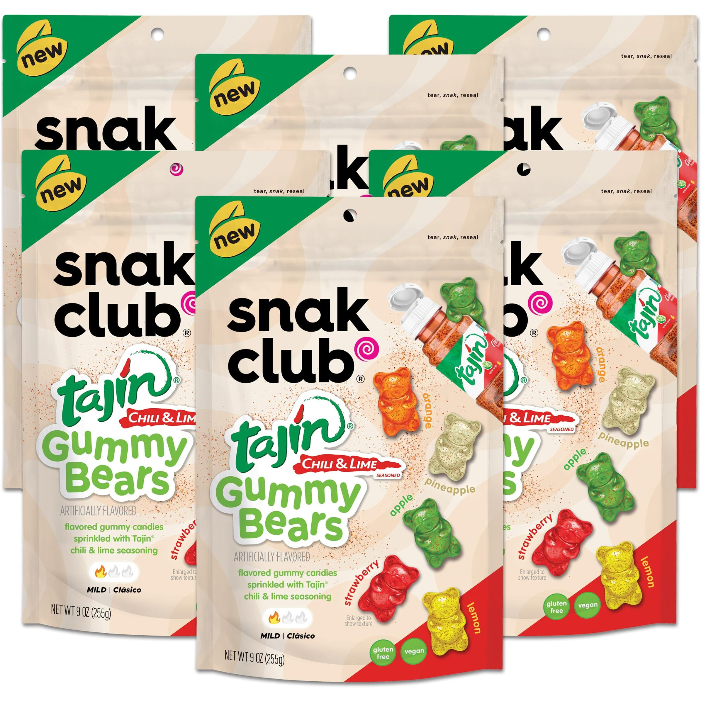 Snak Club Gummy Bears, Tajin Chili & Lime Sweet And Spicy Gummy Candy, Mild In Heat Bold In Flavor, Low-Fat, Vegan, Gluten-Free Snack, 9 Oz Large Resealable Bag, 6 Count