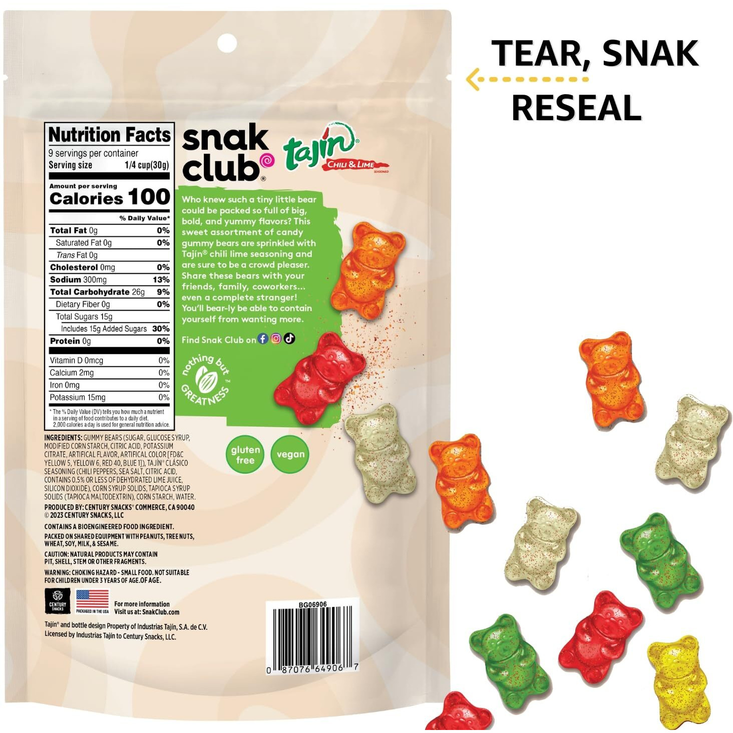 Snak Club Gummy Bears, Tajin Chili & Lime Sweet And Spicy Gummy Candy, Mild In Heat Bold In Flavor, Low-Fat, Vegan, Gluten-Free Snack, 9 Oz Large Resealable Bag, 6 Count