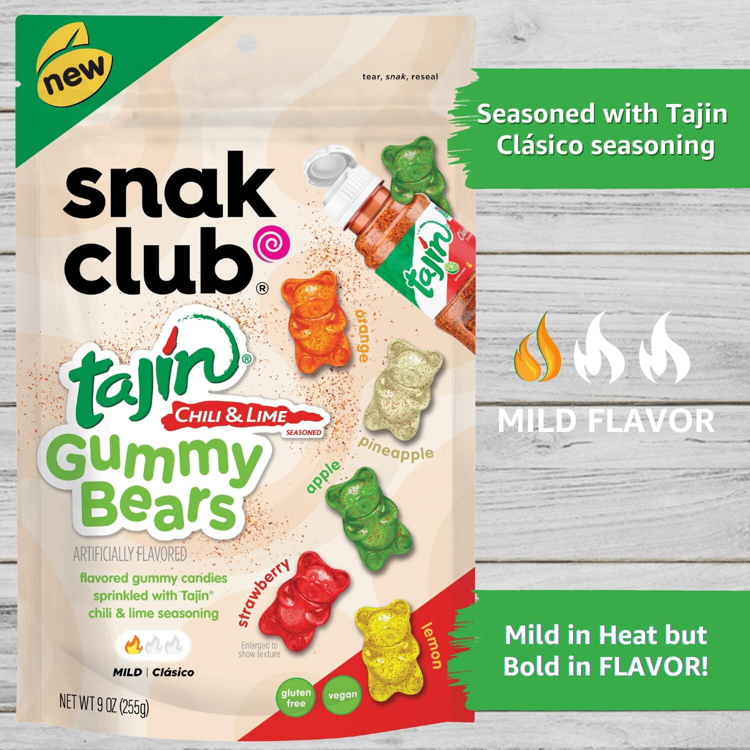 Snak Club Gummy Bears, Tajin Chili & Lime Sweet And Spicy Gummy Candy, Mild In Heat Bold In Flavor, Low-Fat, Vegan, Gluten-Free Snack, 9 Oz Large Resealable Bag, 6 Count