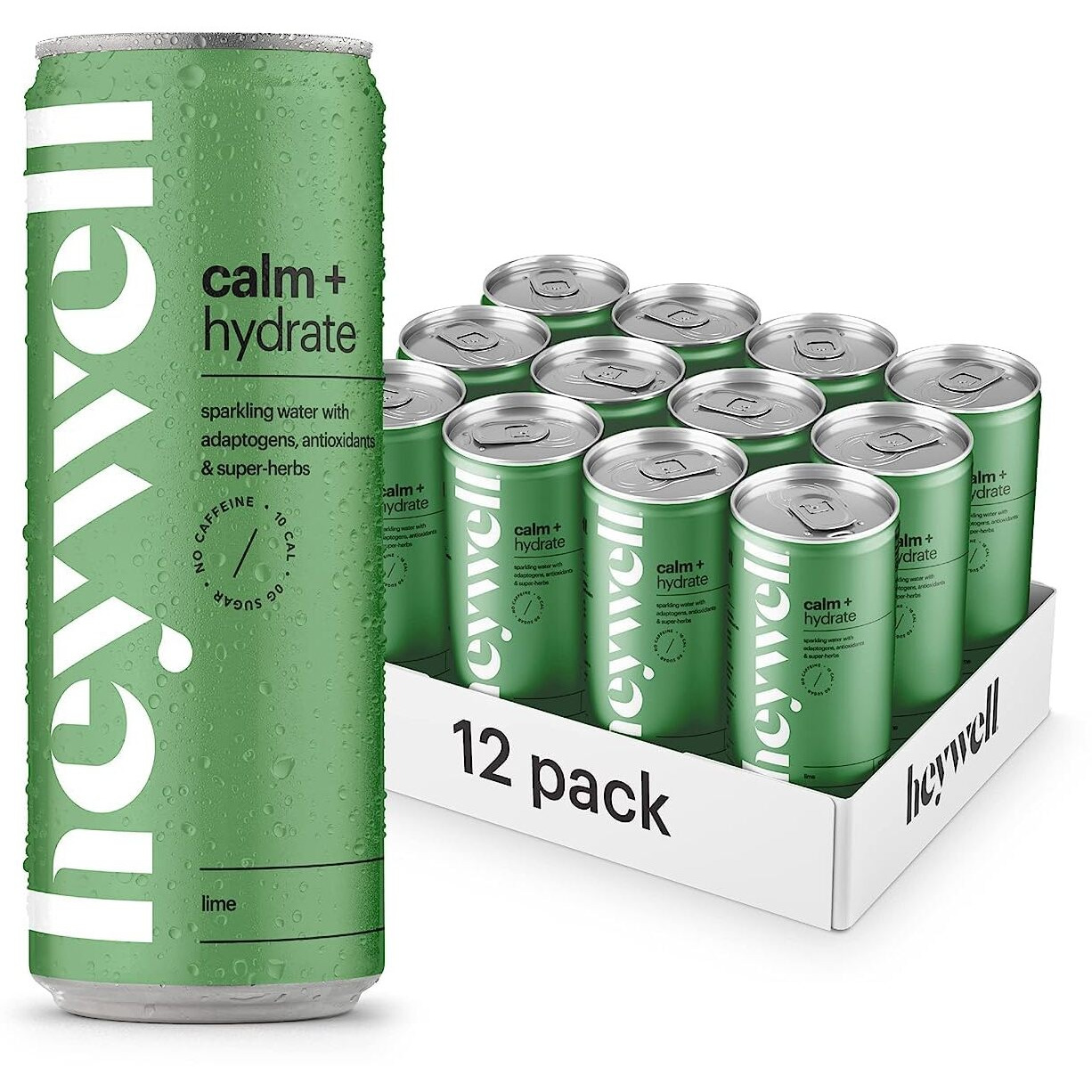 Heywell Sparkling Adaptogenic Water Calm And Hydrate Lime Flavor, Non Caffeinated, Organic, Non Gmo, Vegan, Gluten Free, Dairy Free, 12 Fluid Ounce (Pack Of 12)