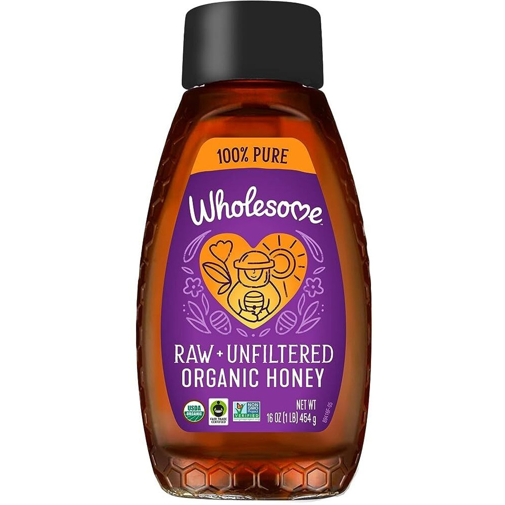 Wholesome Sweeteners 16-Ounce Organic Raw Unfiltered Honey Bottle, 100% Pure, Fair Trade Certified, Non Gmo Project Verified, & Gluten Free, 1 Pack