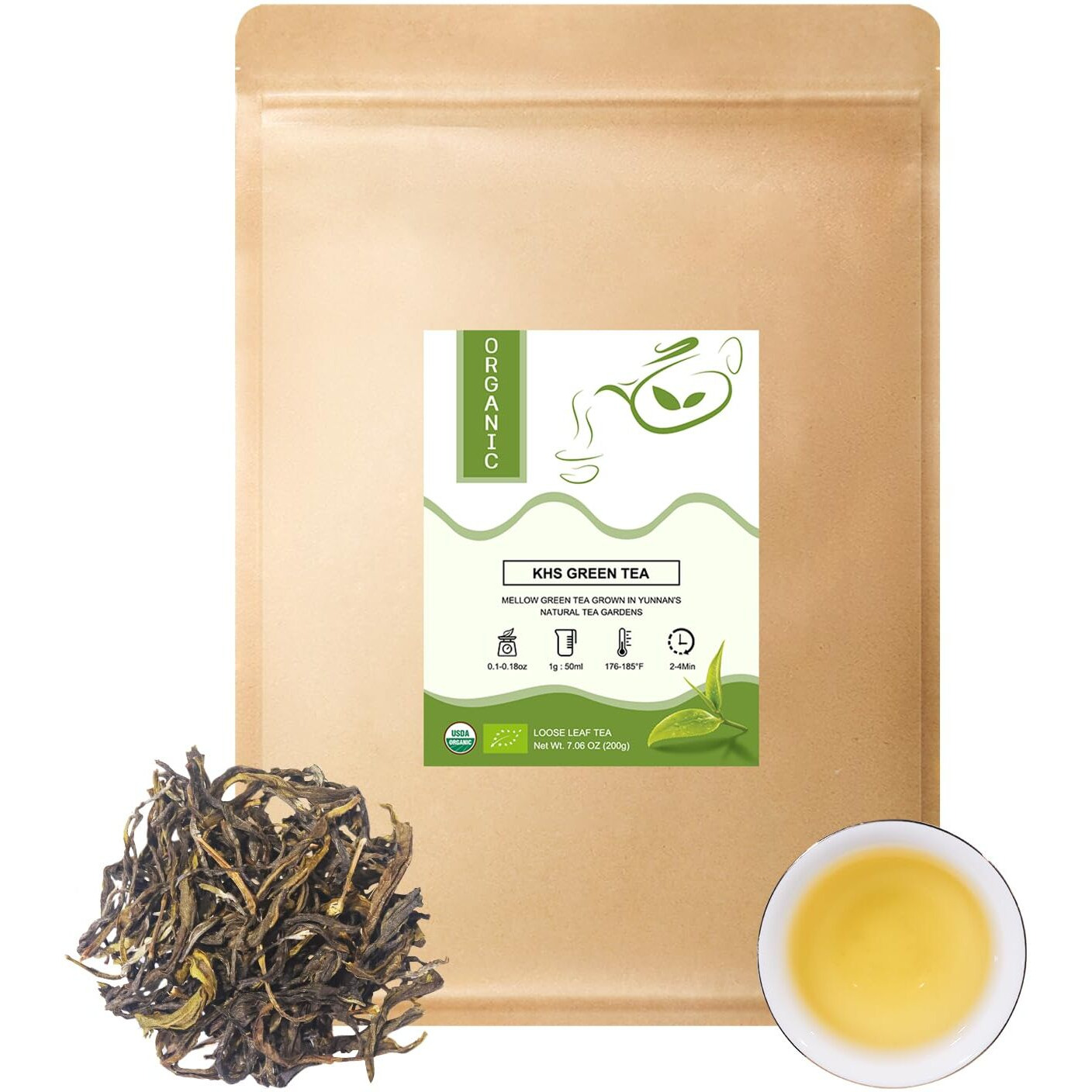Khs Green Tea Loose Leaf, 7.06 Oz Organic Green Tea Leaves Fresh & Elegant Flavor Natural Usda Organic Loose Leaf Green Tea For Hot Or Iced Tea Beverages -200G
