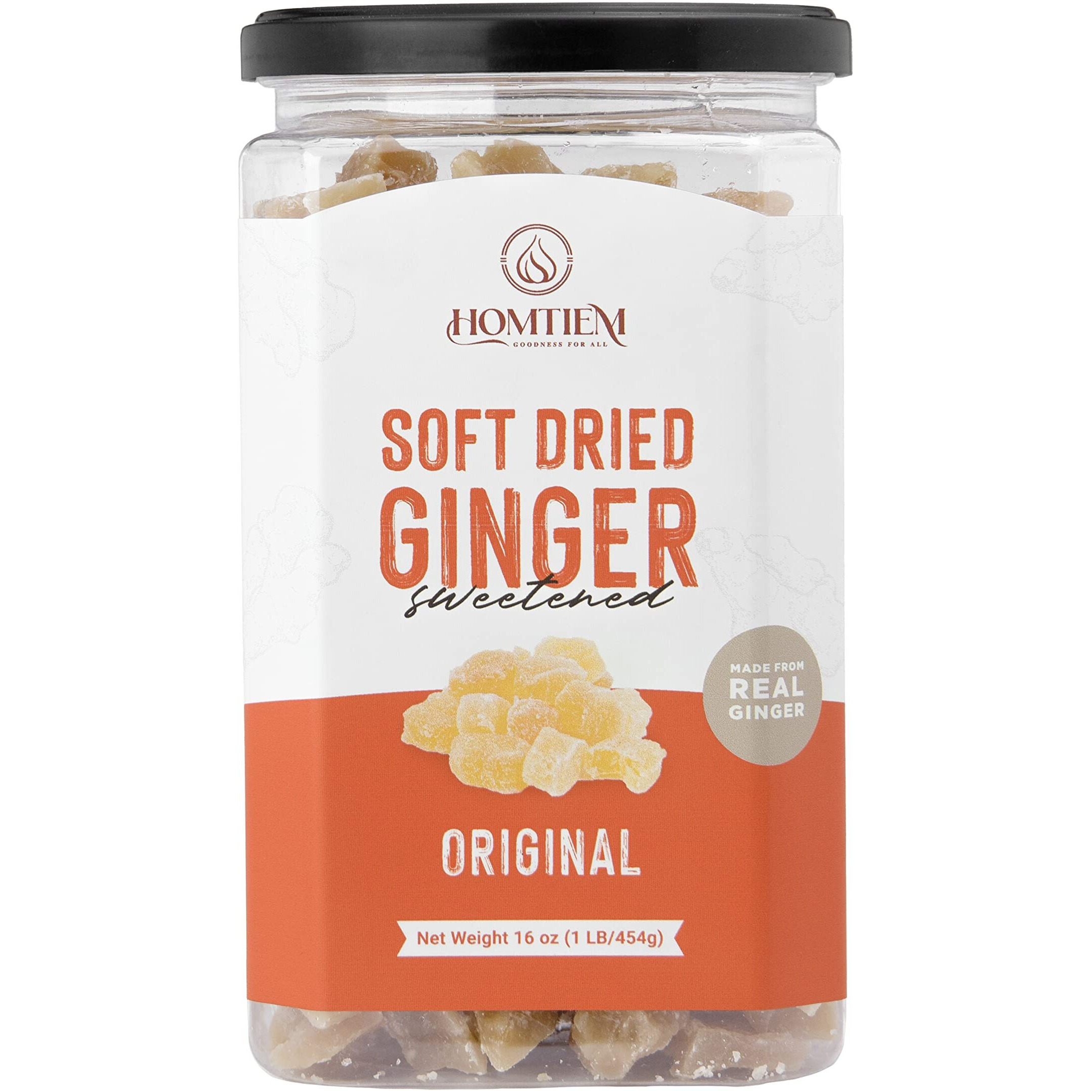 Homtiem Dried Crystallized Ginger(16 Ounce)Soft, Chews And Candied Delicious Gingers, No Artificial Colors, Easy To Eat, Keep And Use, Perfect For Baking And Relief Nausea, Real Ginger Candied Pieces, Chunks And Slices, All-Natural And Preservative-Free(1 Lb)