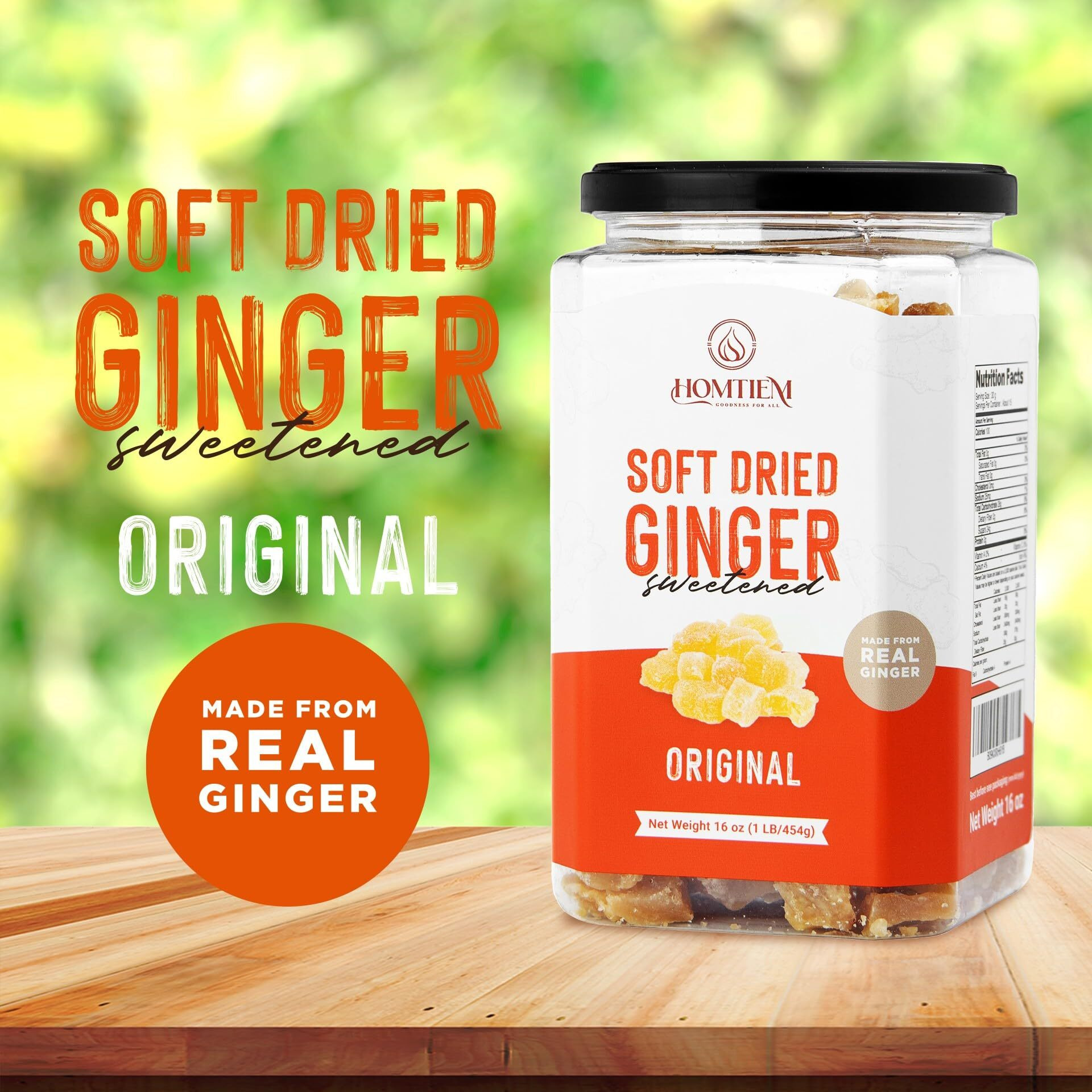 Homtiem Dried Crystallized Ginger(16 Ounce)Soft, Chews And Candied Delicious Gingers, No Artificial Colors, Easy To Eat, Keep And Use, Perfect For Baking And Relief Nausea, Real Ginger Candied Pieces, Chunks And Slices, All-Natural And Preservative-Free(1 Lb)
