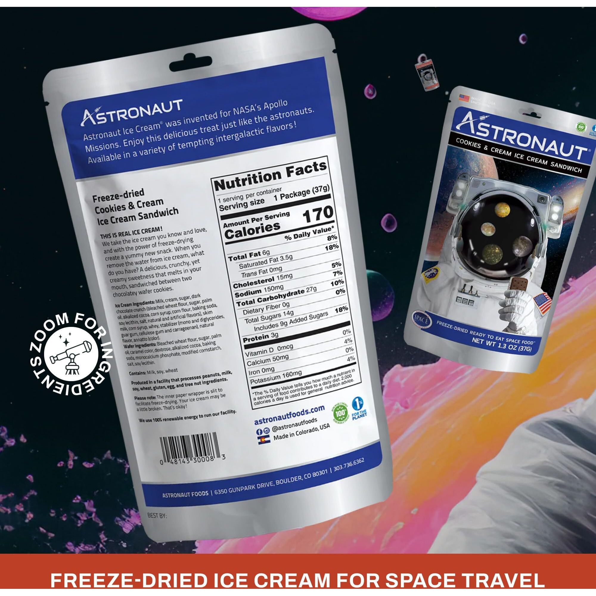 Astronaut Foods Freeze-Dried Ice Cream Sandwich, Nasa Space Dessert, Cookies & Cream, 12 Count