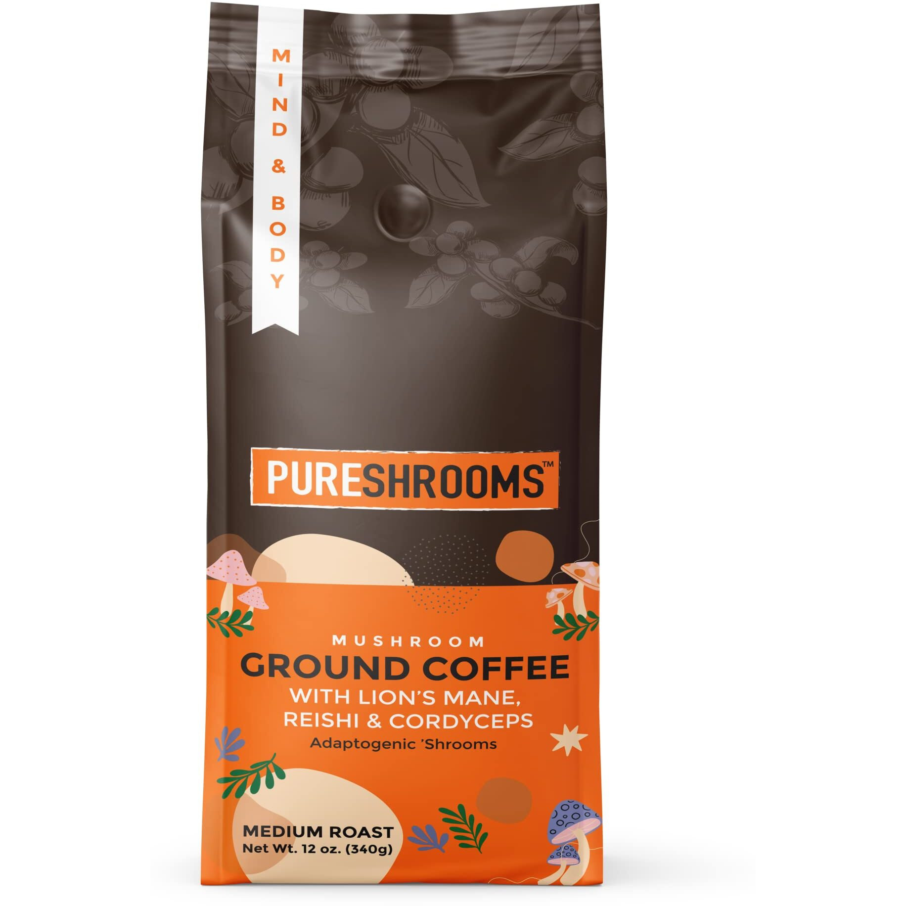 Mushroom Ground Coffee W/ Ultra Concentrated 301 Organic Lion's Mane, Reishi, Cordyceps - 0 Sugar, No Preservatives, Non-Gmo - Medium Roast - Fruiting Body / Dual Extraction Method - 1,500 Mg Per Serving (12 Oz Mind & Body)