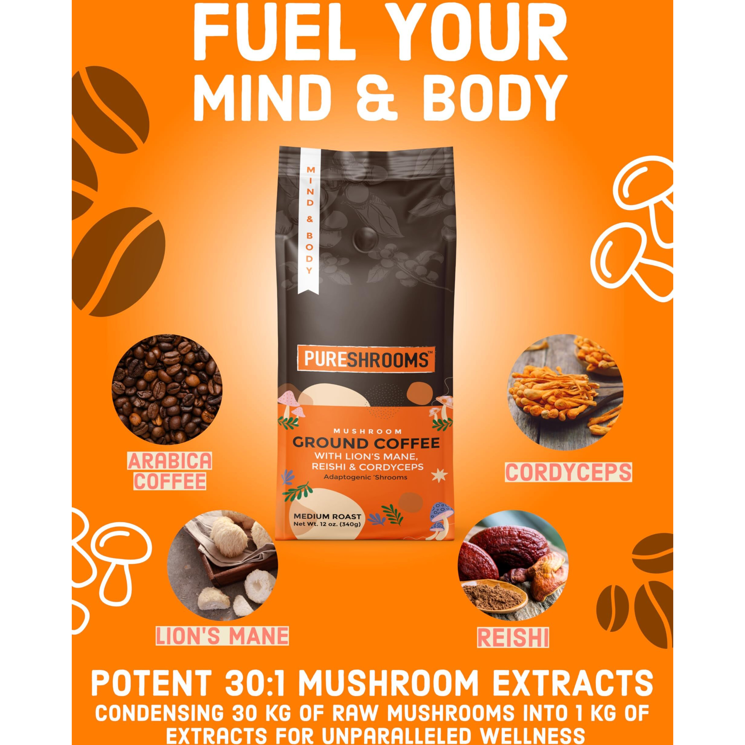 Mushroom Ground Coffee W/ Ultra Concentrated 301 Organic Lion's Mane, Reishi, Cordyceps - 0 Sugar, No Preservatives, Non-Gmo - Medium Roast - Fruiting Body / Dual Extraction Method - 1,500 Mg Per Serving (12 Oz Mind & Body)