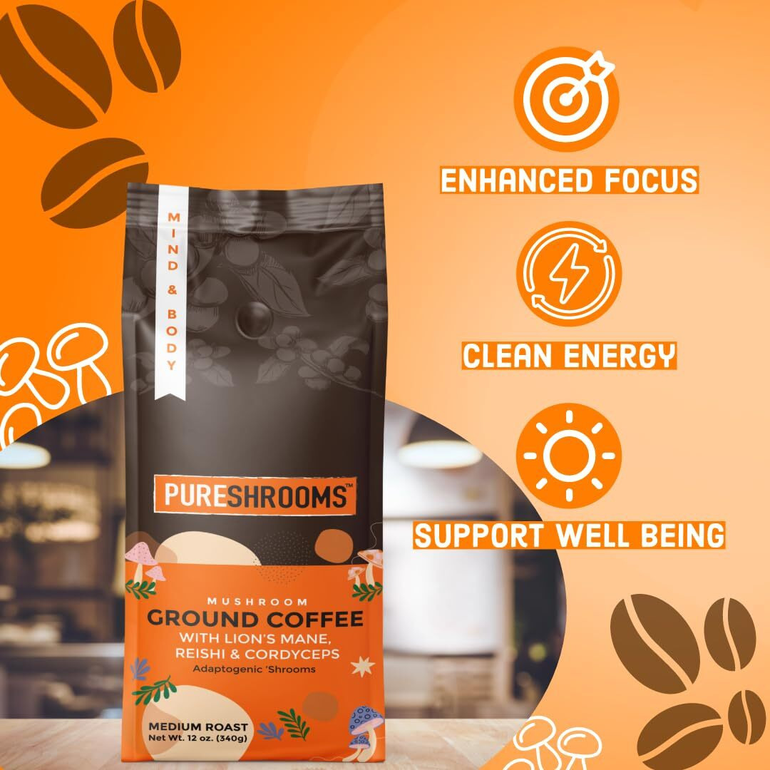 Mushroom Ground Coffee W/ Ultra Concentrated 301 Organic Lion's Mane, Reishi, Cordyceps - 0 Sugar, No Preservatives, Non-Gmo - Medium Roast - Fruiting Body / Dual Extraction Method - 1,500 Mg Per Serving (12 Oz Mind & Body)