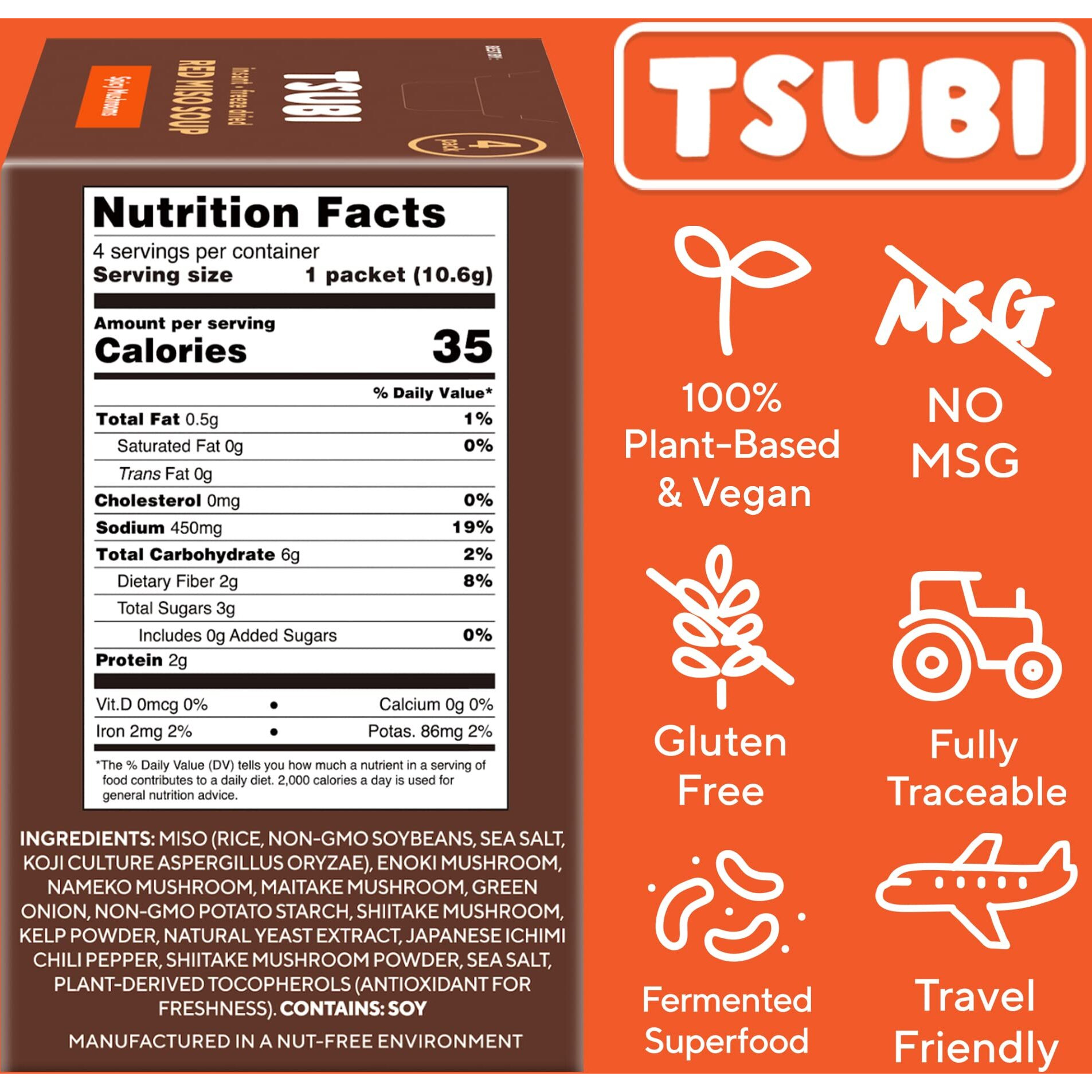 Tsubi Soup Freeze-Dried Japanese Miso Soup Packets - Instant, Vegan, Easy Mix, Gluten & Msg-Free, And Flavorful - Ready In Seconds - Authentic Taste Of Japan - Red Miso (Spicy Mushroom) - 24 Packs