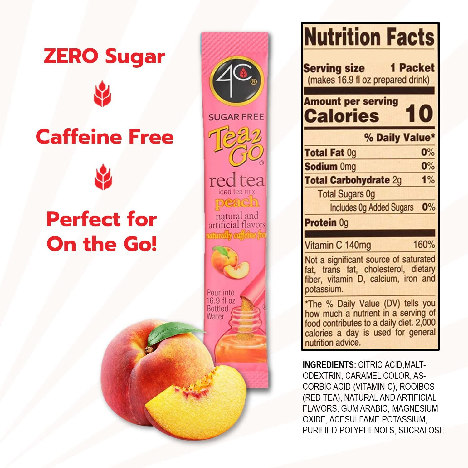 4C Powder Drink Stix, Red Tea Peach 500 Count, Bulk Buy, Singles Stix, On The Go, Refreshing Water Flavorings, Value Pack