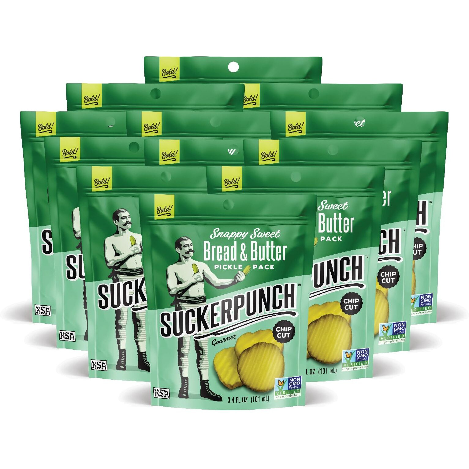 Suckerpunch Snappy Sweet Bread N Butter Dill Pickles Chip-Cut, Gluten Free, Kosher, Sugar Free, Low Calorie, Low Carb, On The Go, Non Gmo, Keto Friendly, Vegan, 3.4 Oz Single Serve Pouch (12 Pack)