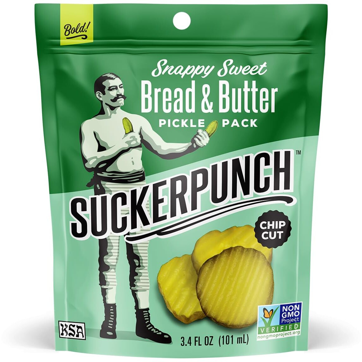 Suckerpunch Snappy Sweet Bread N Butter Dill Pickles Chip-Cut, Gluten Free, Kosher, Sugar Free, Low Calorie, Low Carb, On The Go, Non Gmo, Keto Friendly, Vegan, 3.4 Oz Single Serve Pouch (12 Pack)