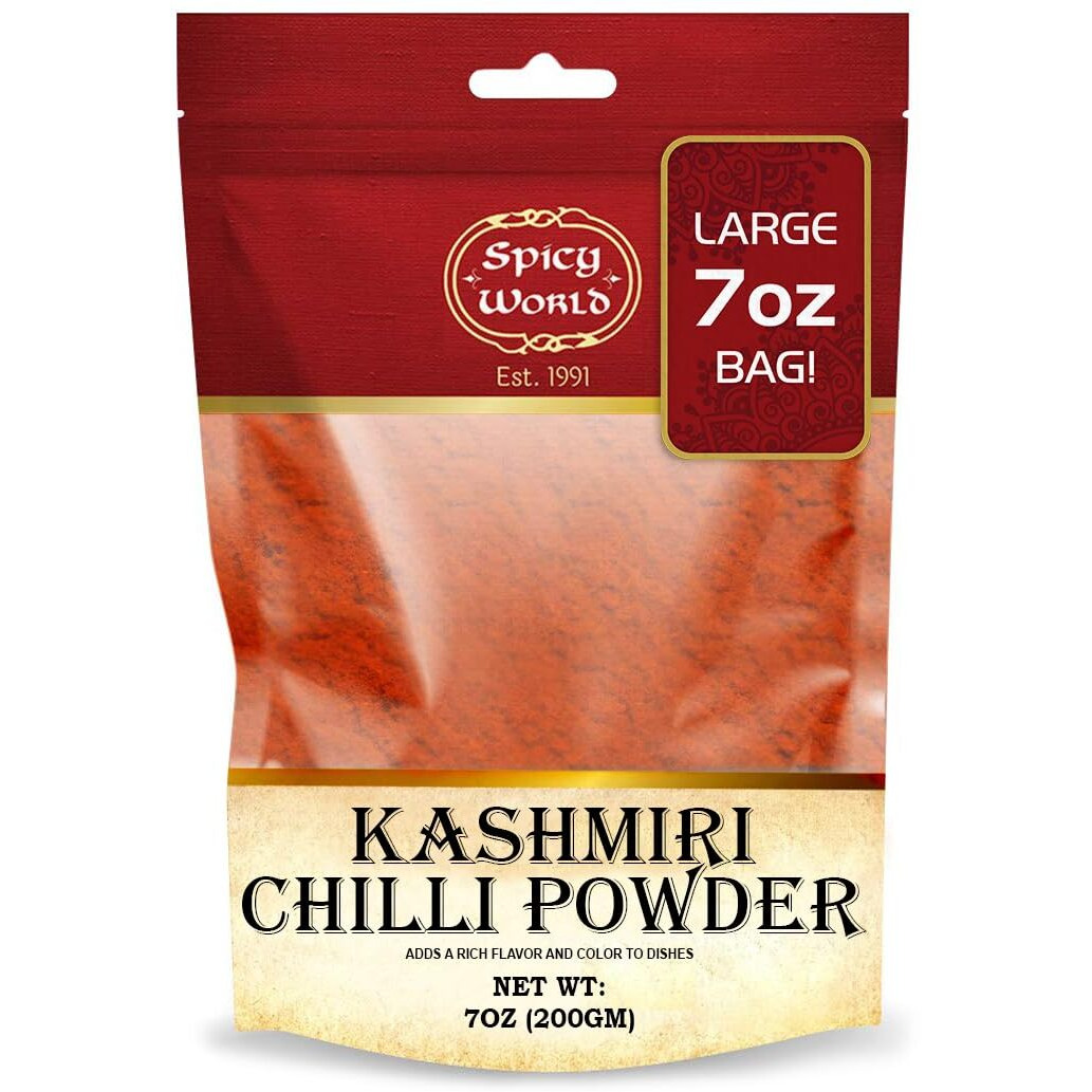 Spicy World Kashmiri Chili Powder Red 7 Ounce Resealable Bag | All Natural Low Heat, Red Chili Powder - Red Pepper Powder