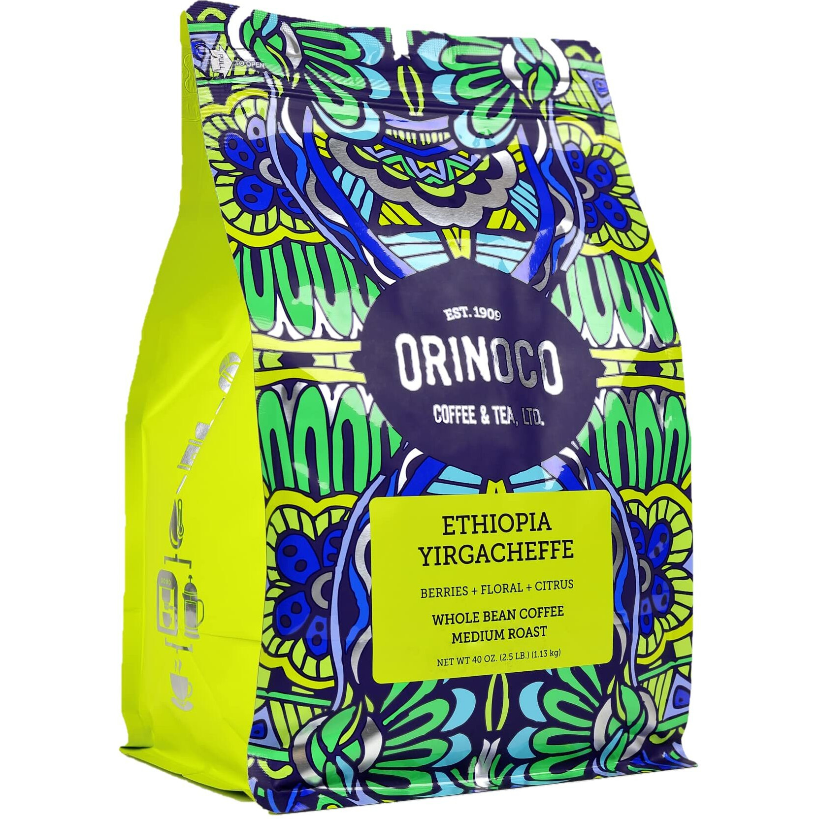 Orinoco Ethiopian Yirgacheffe 2.5Lb Bag, Medium Roast, Whole Bean Coffee, 100% Arabica Beans