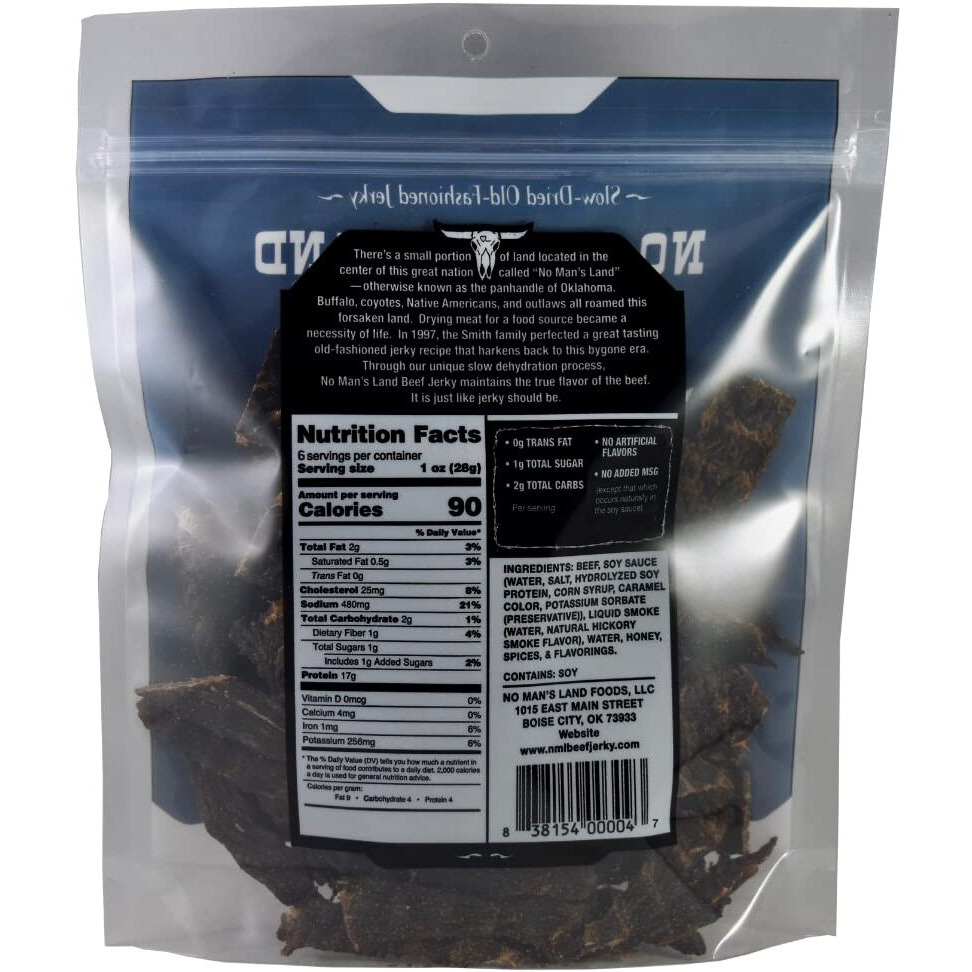 No Mans Land Mild Beef Jerky High Protein Low Calorie Low Carb Beef Snack 6.0Oz Bag