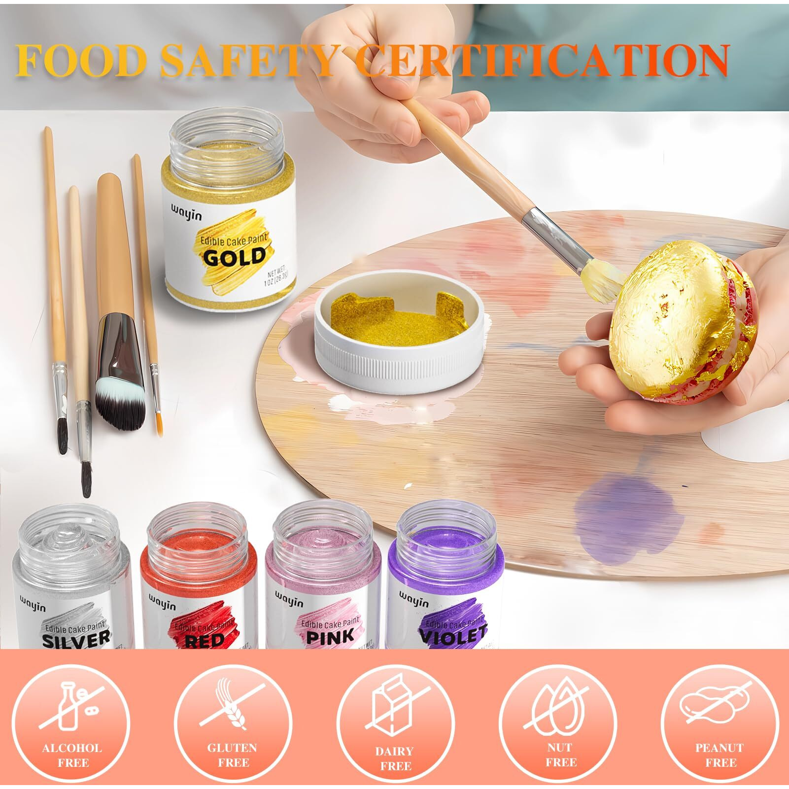 Gold Food Coloring Metallic Glitter Paint For Baking-Wayin Upgraded Vibrant Color Edible Glitter Cake Paint For Art Decorative Food Grade Shimmer Paint Forcupcakes, Cookie, Donuts, Fondant, Candy,