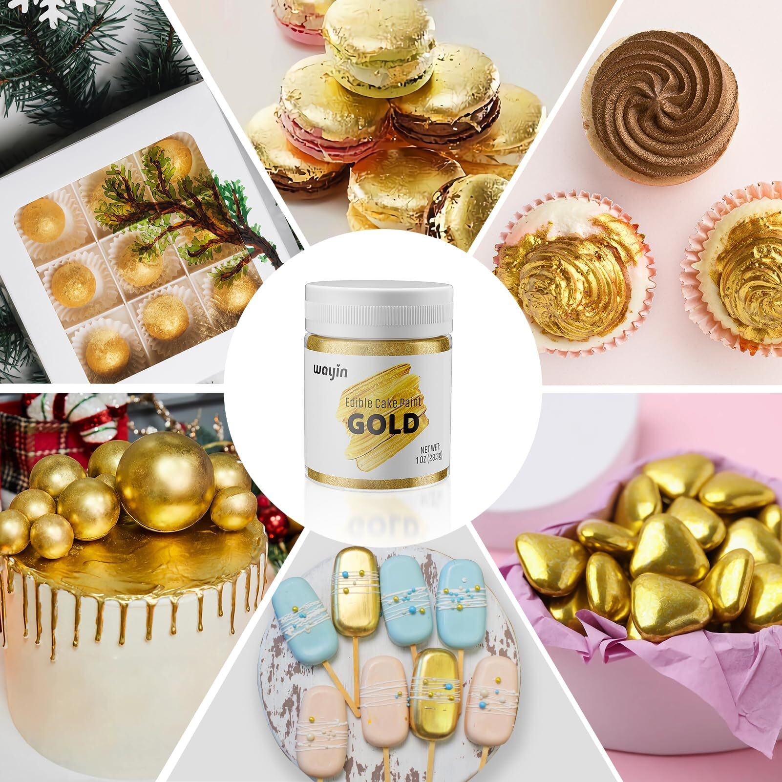 Gold Food Coloring Metallic Glitter Paint For Baking-Wayin Upgraded Vibrant Color Edible Glitter Cake Paint For Art Decorative Food Grade Shimmer Paint Forcupcakes, Cookie, Donuts, Fondant, Candy,