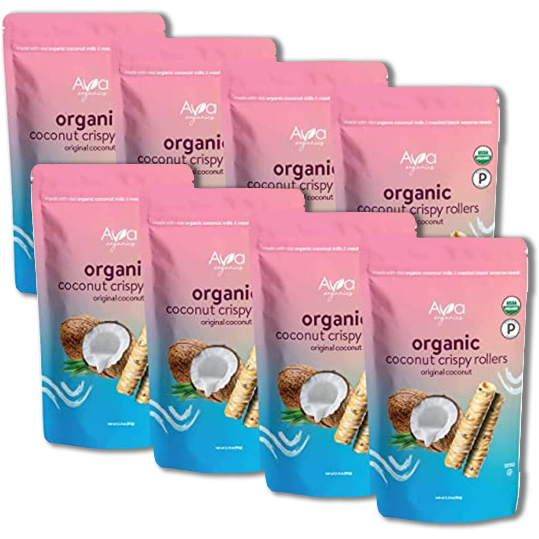 Original Coconut Crispy Rollers (2.8 Oz Bags) Ava Organics - Gluten Free, Non-Gmo, Kosher, Vegetarian & Certified Paleo Lightly Sweetened Baked Coconut Crisps (Pack Of 8)