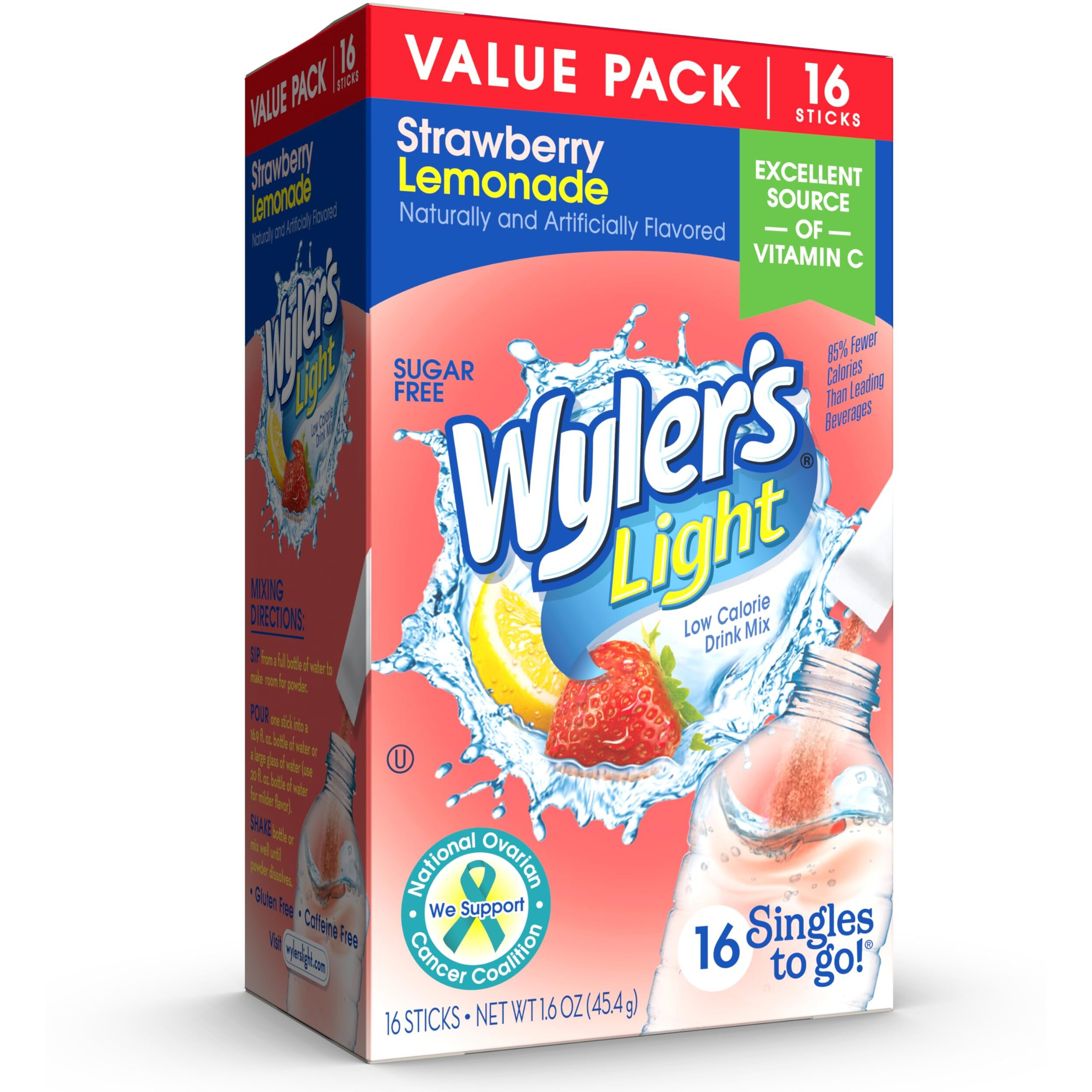Wyler's Light Singles To Go Powder Packets, Water Drink Mix, Strawberry Lemonade, 16 Count, 6 Boxes (96 Single Servings)