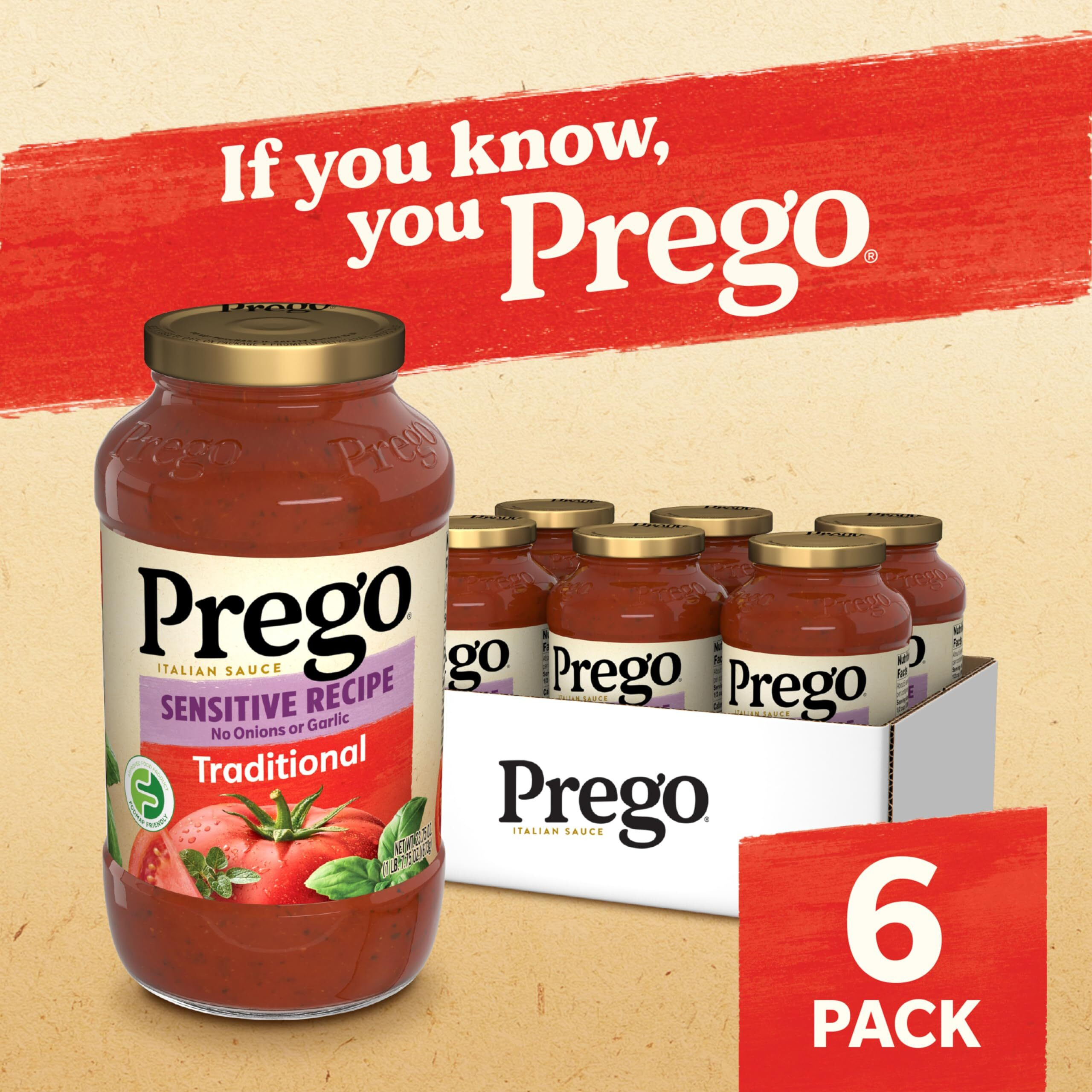 Prego Traditional Sensitive Recipe Low Fodmap Pasta Sauce, 23.75 Oz Jar (Case Of 6)