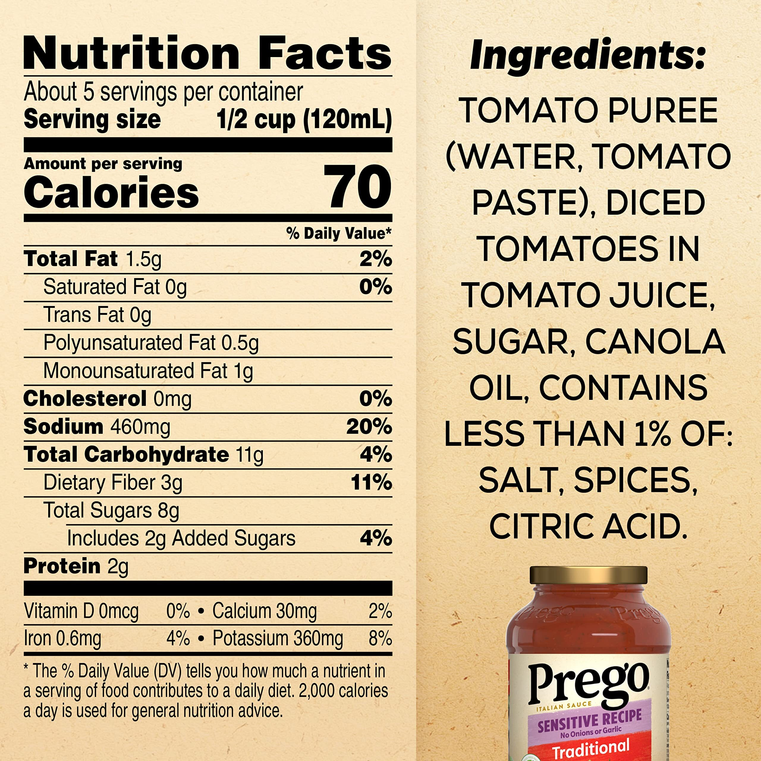 Prego Traditional Sensitive Recipe Low Fodmap Pasta Sauce, 23.75 Oz Jar (Case Of 6)