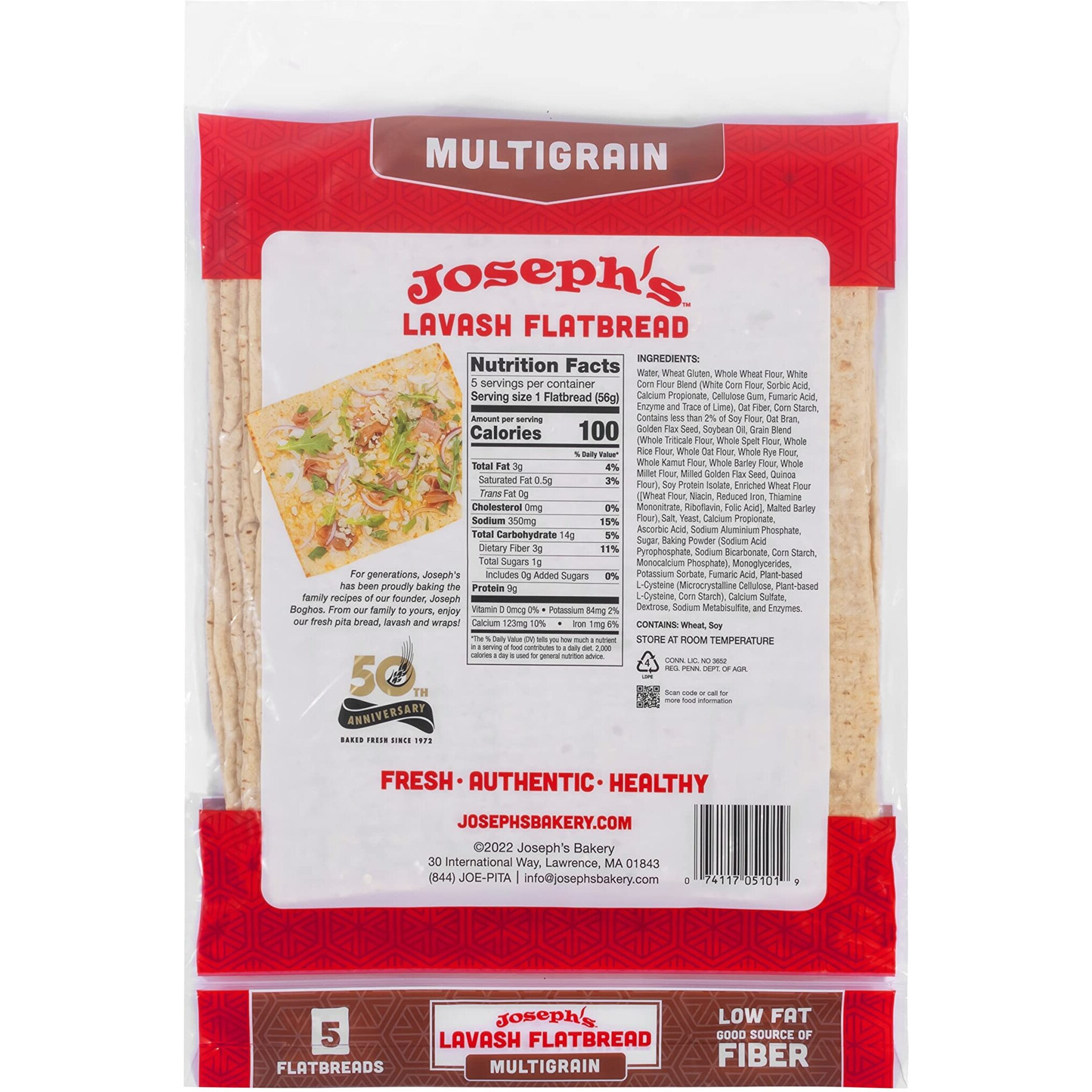 Joseph's Lavash Bread Value 3-Pack, Multigrain, Reduced Carb, Low Fat And Good Source Of Fiber (5 Flatbreads Per Pack, 15 Total), Fresh Baked