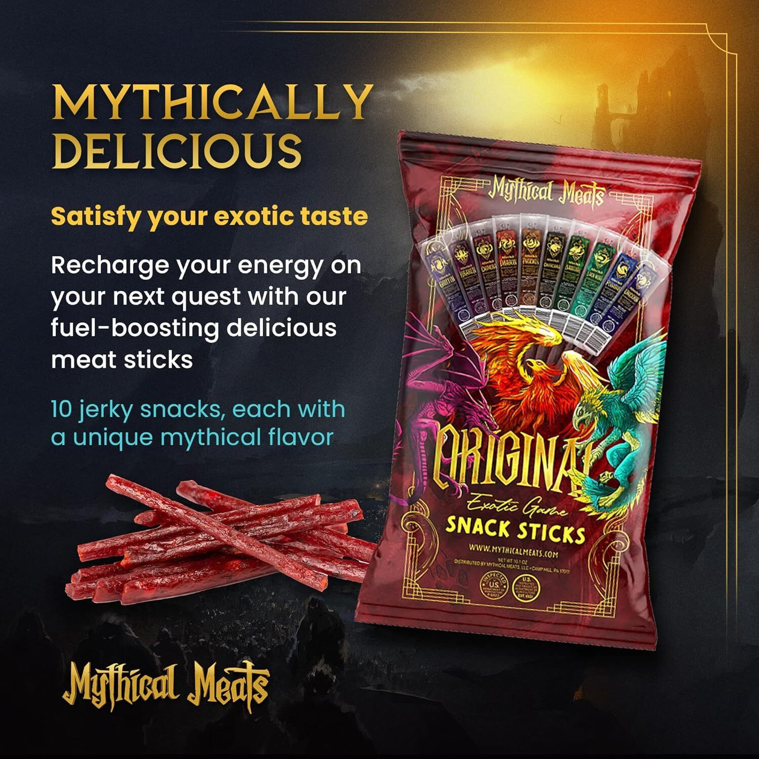 Mythical Meats Original & Humanoid Sampler Pack Bundle - 20 Exotic Game And Beef Snack Sticks - Dried & Dehydrated Meats Seasoned To Perfection - High Protein Snack Sticks