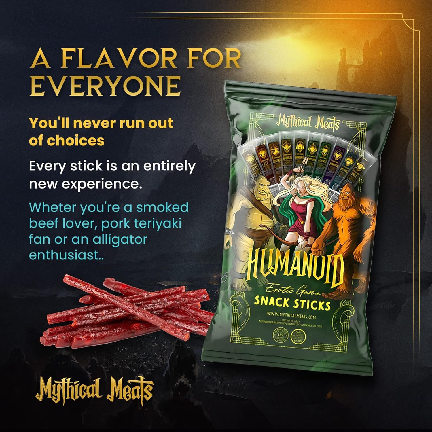 Mythical Meats Original & Humanoid Sampler Pack Bundle - 20 Exotic Game And Beef Snack Sticks - Dried & Dehydrated Meats Seasoned To Perfection - High Protein Snack Sticks