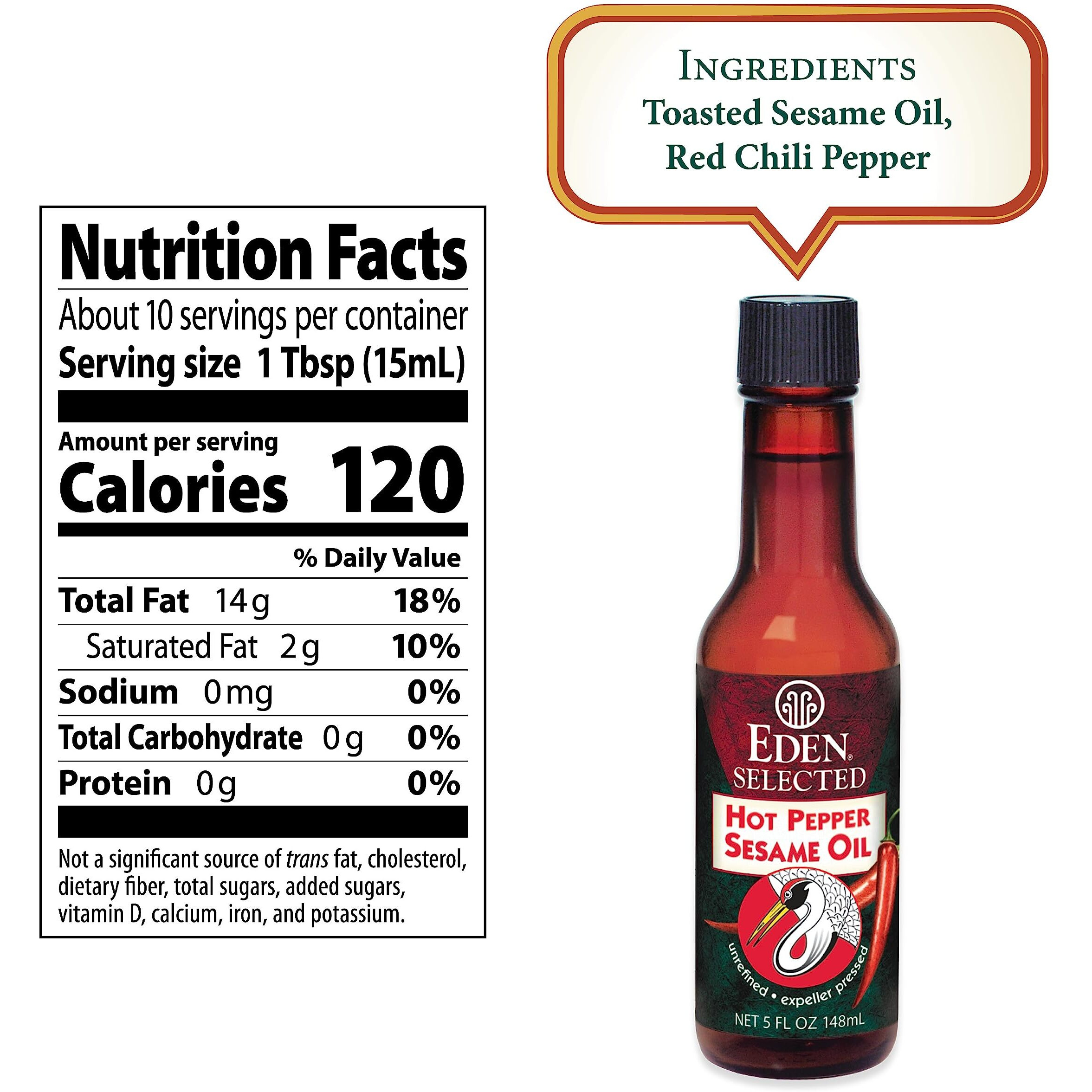 Eden Hot Pepper Toasted Sesame Chili Oil, Unrefined Expeller Pressed, 5 Oz Amber Glass Bottle