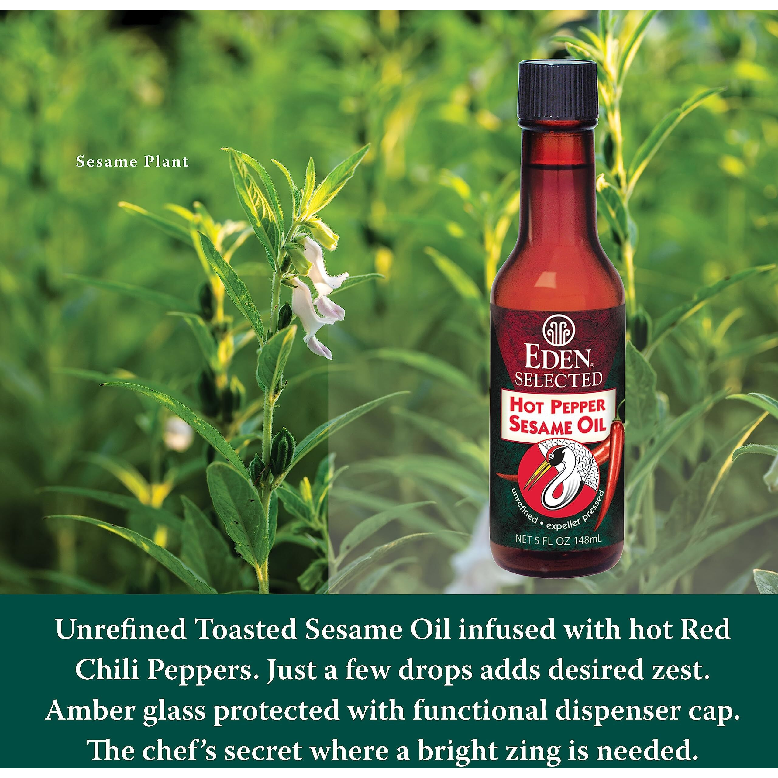 Eden Hot Pepper Toasted Sesame Chili Oil, Unrefined Expeller Pressed, 5 Oz Amber Glass Bottle