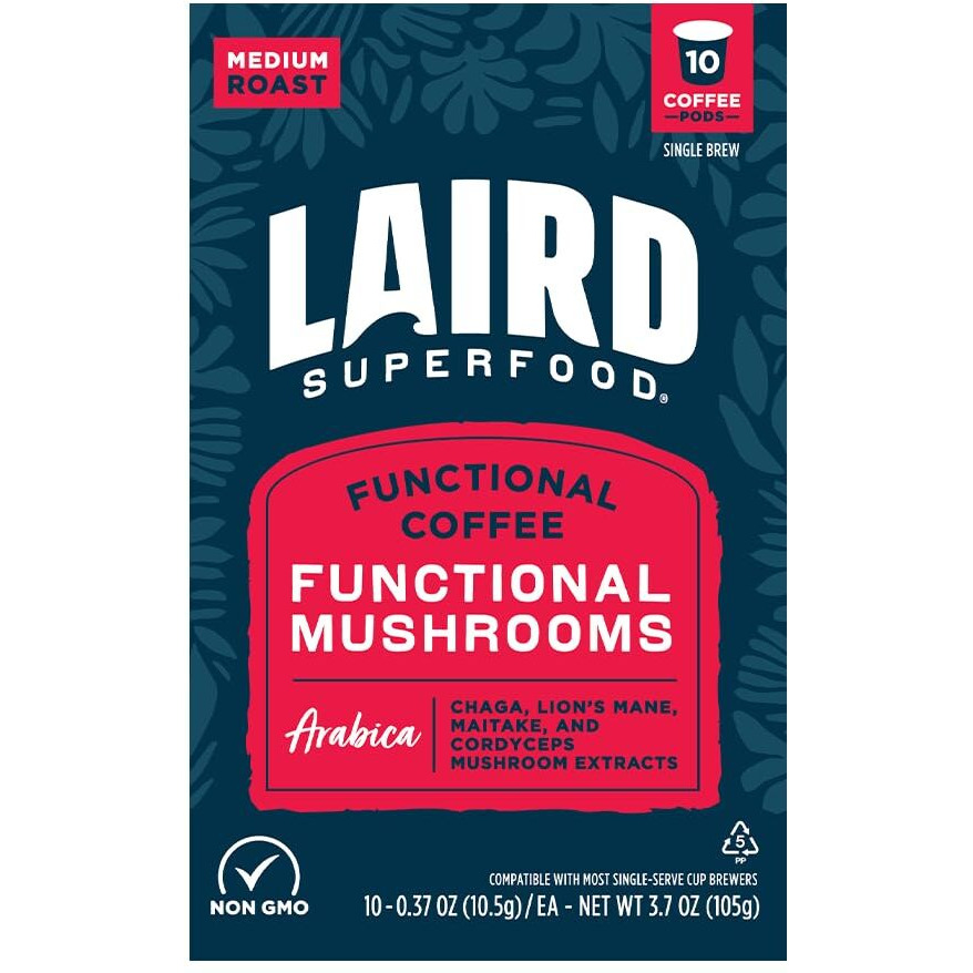 Laird Superfood K-Cups With Functional Mushrooms - Medium Roast, 10Ct - Made With Organic Extracts Of Chaga Mushrooms, Lions Mane, Maitake, And Cordyceps Functional Mushrooms