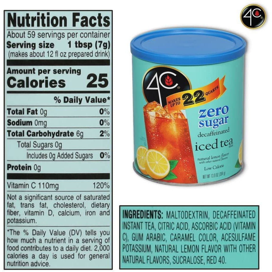 4C Light Powdered Drink Mix Cannisters, Zero Sugar Decaffeinated Iced Tea, 22 Quarts, Family Sized Cannister, Low Calorie, Thirst Quenching Flavors (Light Decaf Iced Tea, 13.9 Ounce (Pack Of 2))