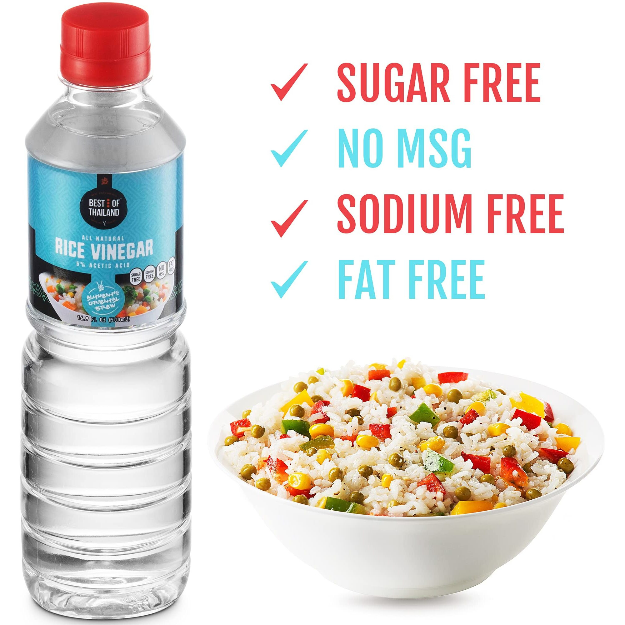 Best Of Thailand Unseasoned Rice Vinegar | 2 Pack Of 16.9Oz | Gluten Free Cooking Vinegar For Sushi, Salad, Marinade | All Natural, Sugar Free, Sodium Free, No Msg | Kosher For Passover